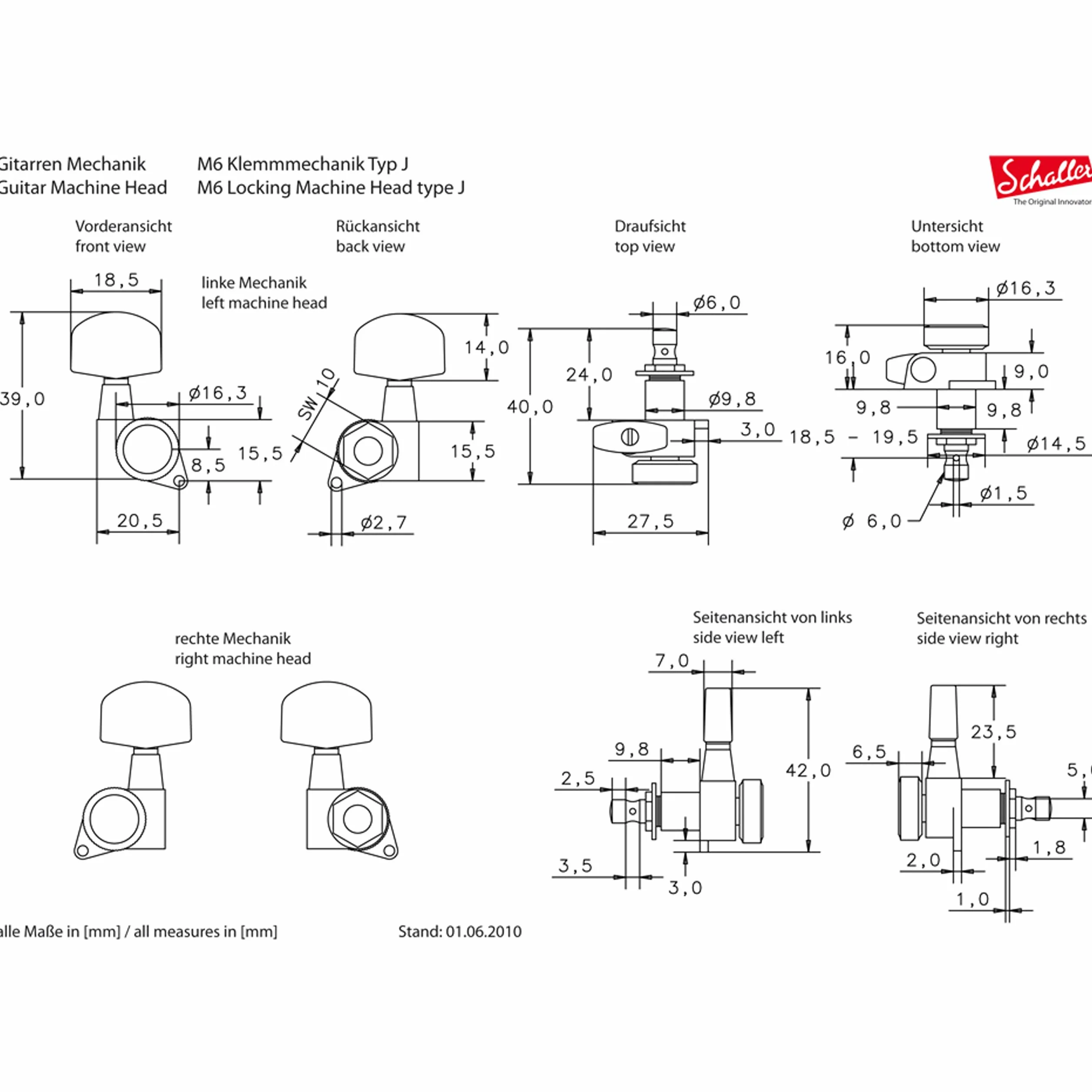 Schaller »M6 135 LOCKING MACHINE HEADS - BLACKCHROME - 3L/3R - LARGE METAL - 19,5 mm LOCKING POST« mechanizmy do gitary elektrycznej - zestaw 6 sztuk