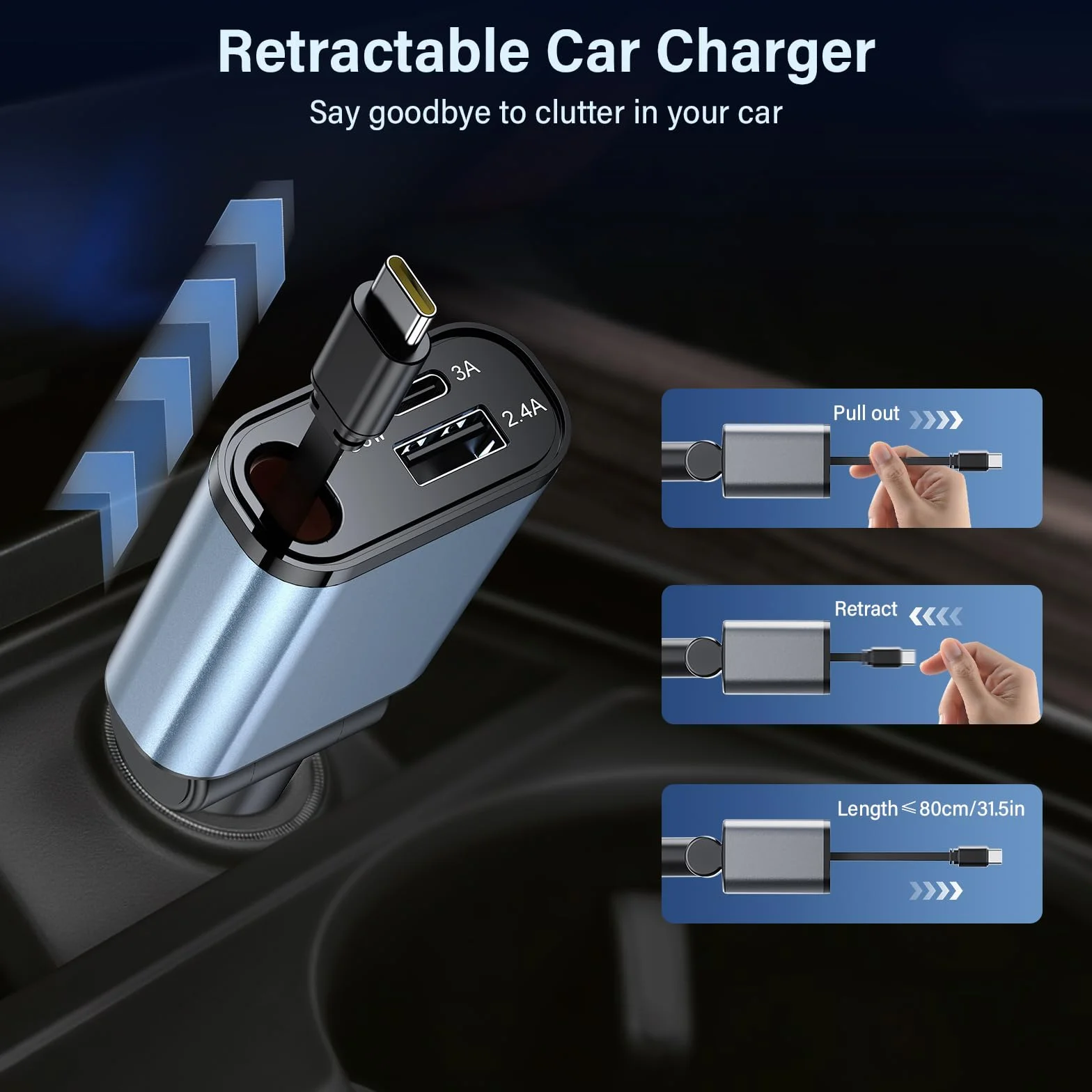 Ładowarka samochodowa USB C z kablem PD 30 W typu C, podwójny port zapalniczki samochodowej adapter 15 W USB-C + 12 W USB, 180° Flip kompaktowa ładowarka samochodowa 12 V/24 V do smartfonów i tabletów