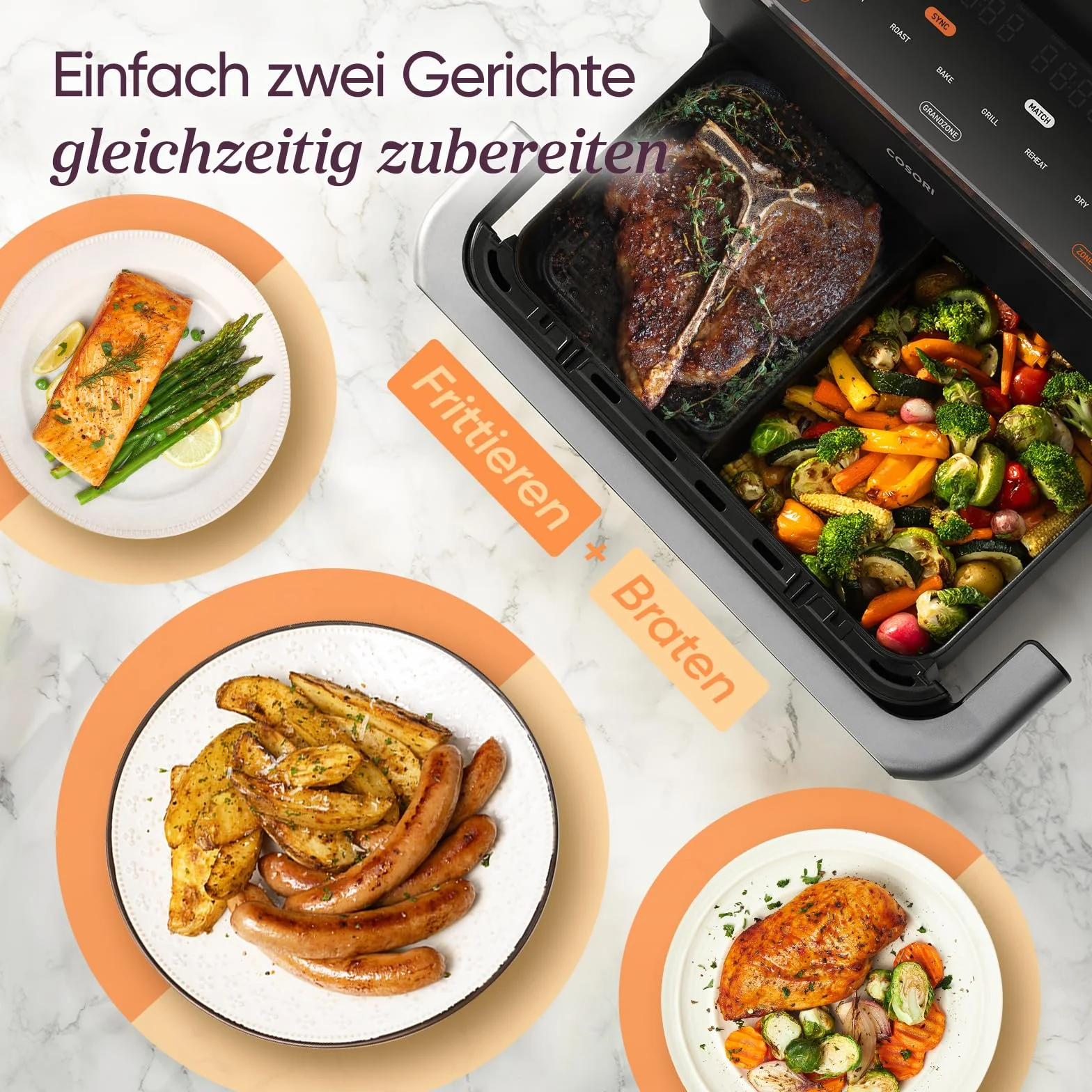 COSORI Frytkownica na gorące powietrze, 2 komory, Dual Blaze TwinFry 10 l, z 4 rurami grzewczymi i elastycznymi komorami, równomierne rozprowadzanie ciepła, temperatura do 240 °C, czarna