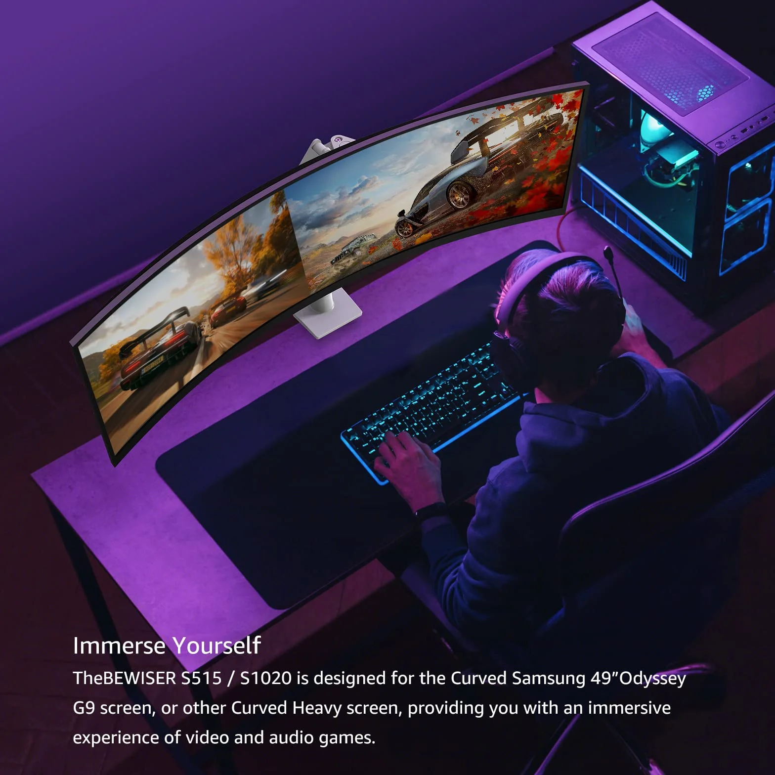BEWISER Wytrzymałe ramię monitora, ultrawide mocowanie monitora do ekranów 86–124.5 cm i nowych 145 cm, nośność do 20 kg, obrotowe ramię monitora o pełnej wysokości ruchu (białe)