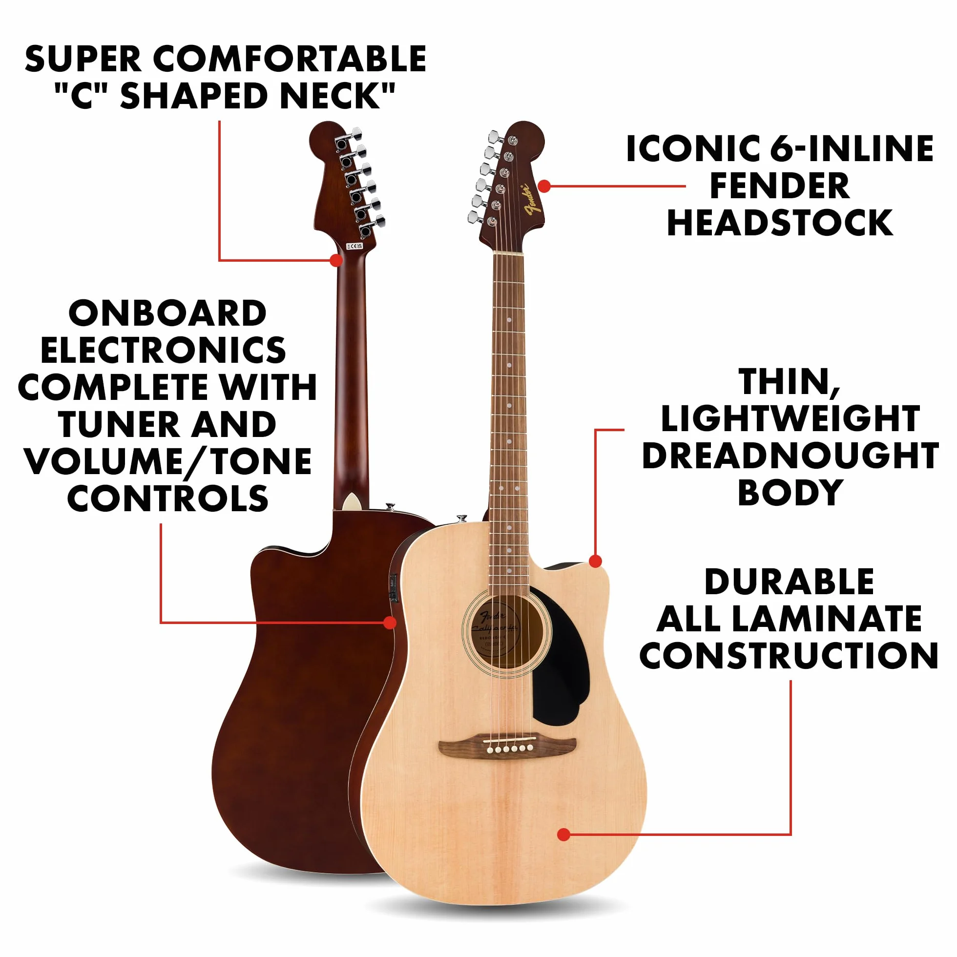 Fender California Debut Redondo Dreadnought z wycięciem gitara akustyczna CE, świerkowy top, czarny pickguard, naturalny