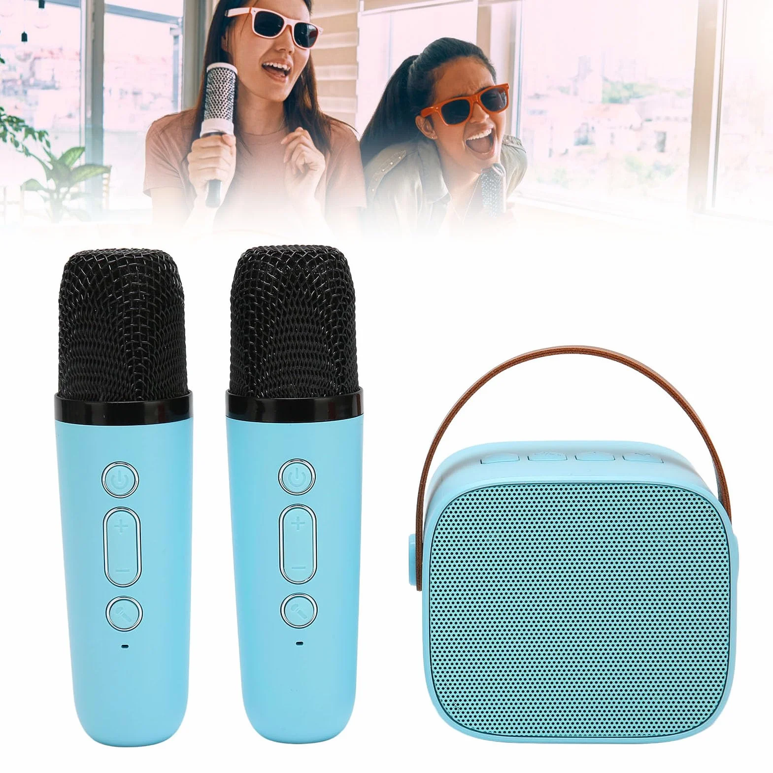 Przenośny Głośnik Bluetooth 5.3 Maszyna do Karaoke z 2 Mikrofonami Bezprzewodowymi Niebieski