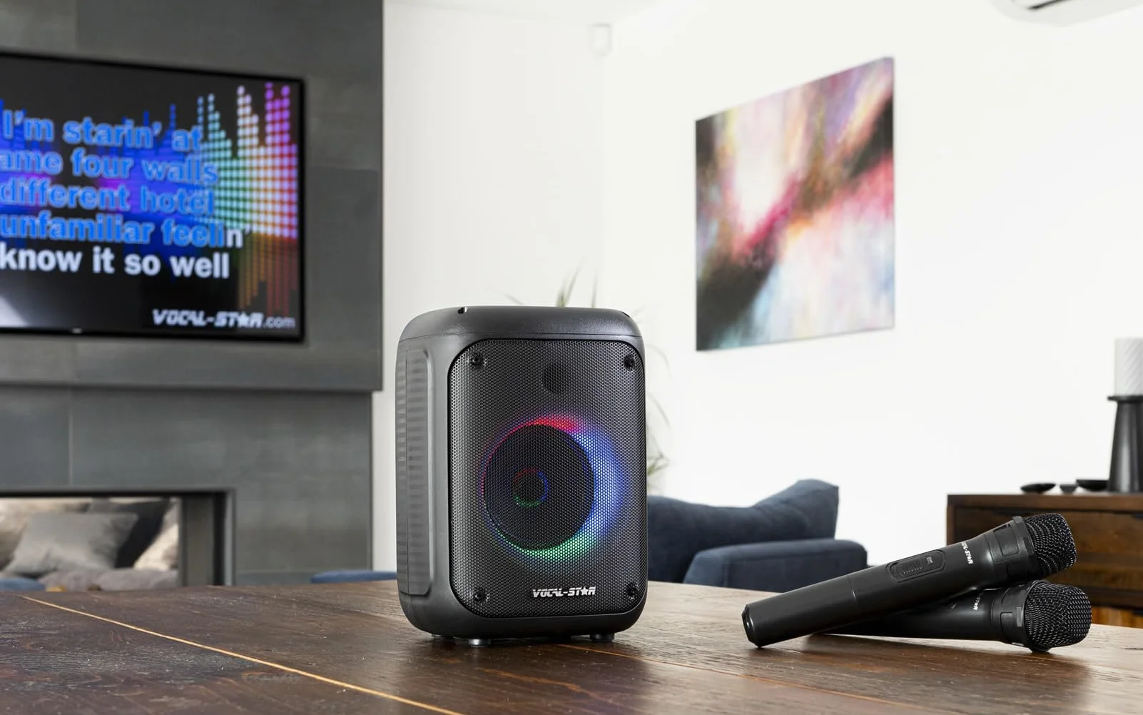 Vocal-Star VS-275 Przenośny sprzęt do karaoke z Bluetooth, 2 mikrofony bezprzewodowe, głośnik 60 W, efekty świetlne, nagrywanie śpiewu, z akumulatorem