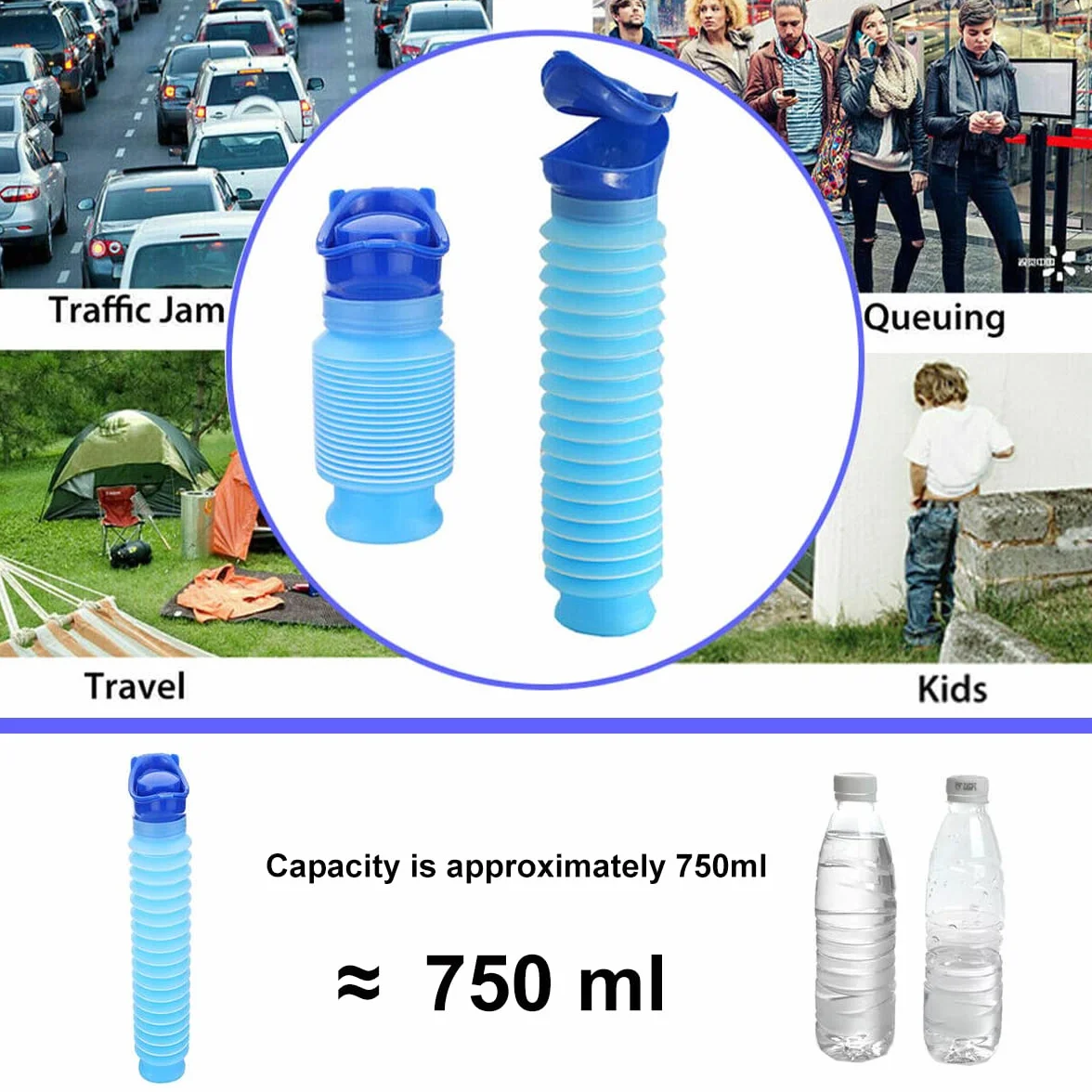 Termokurczliwy pisuar, 2 sztuki, 750 ml, dla mężczyzn i kobiet, przenośny, przenośny nocnik, butelka na mocz, wielokrotnego użytku, awaryjny pisuar do korków i kolejek, do samochodów kempingowych