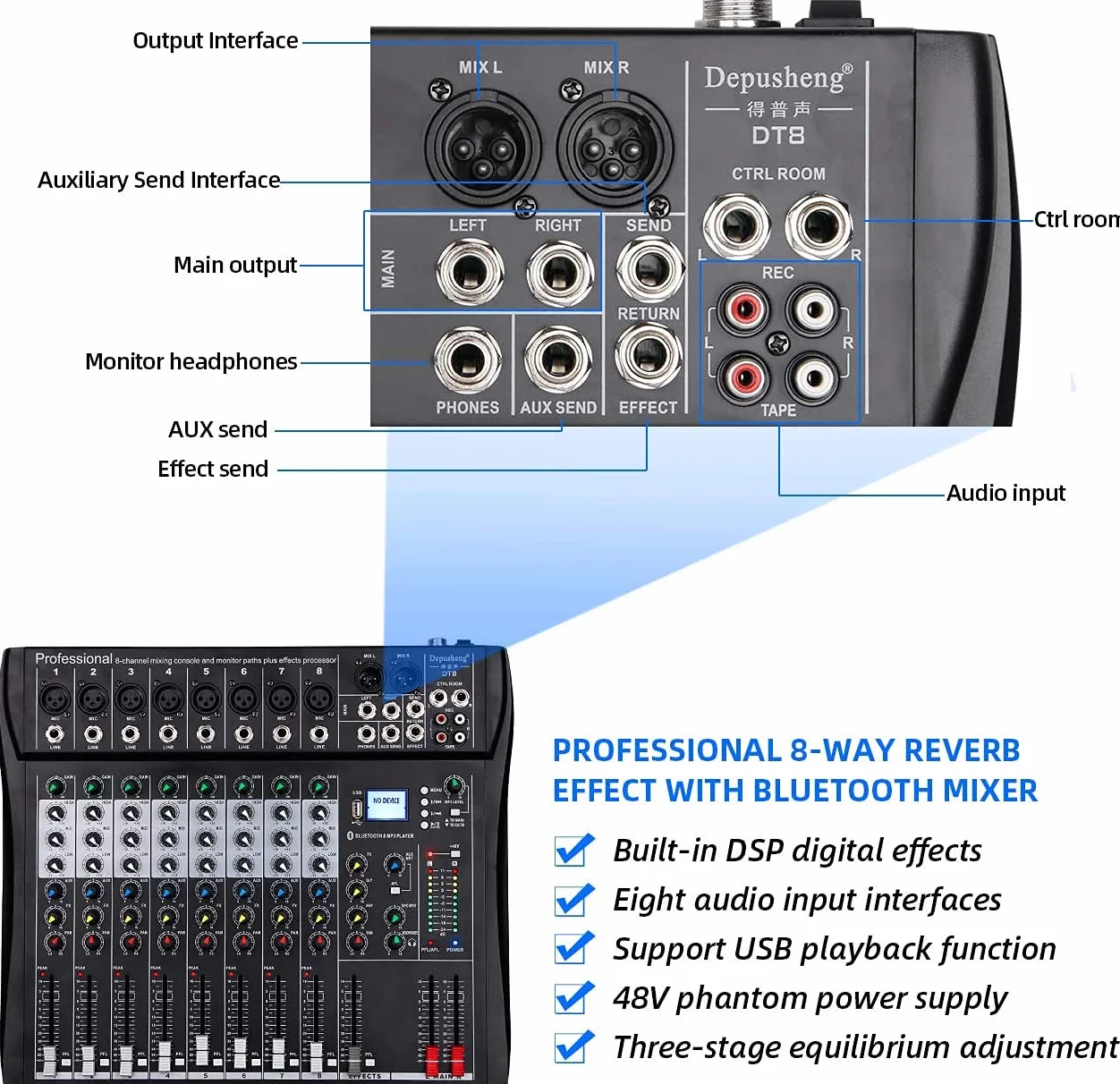 Depusheng DT8 profesjonalny mikser soundboard, konsola, 8-kanałowy system stołowy, interfejs cyfrowy, USB dla komputera i MP3, wejście Phantom 48 V, kolor czarny