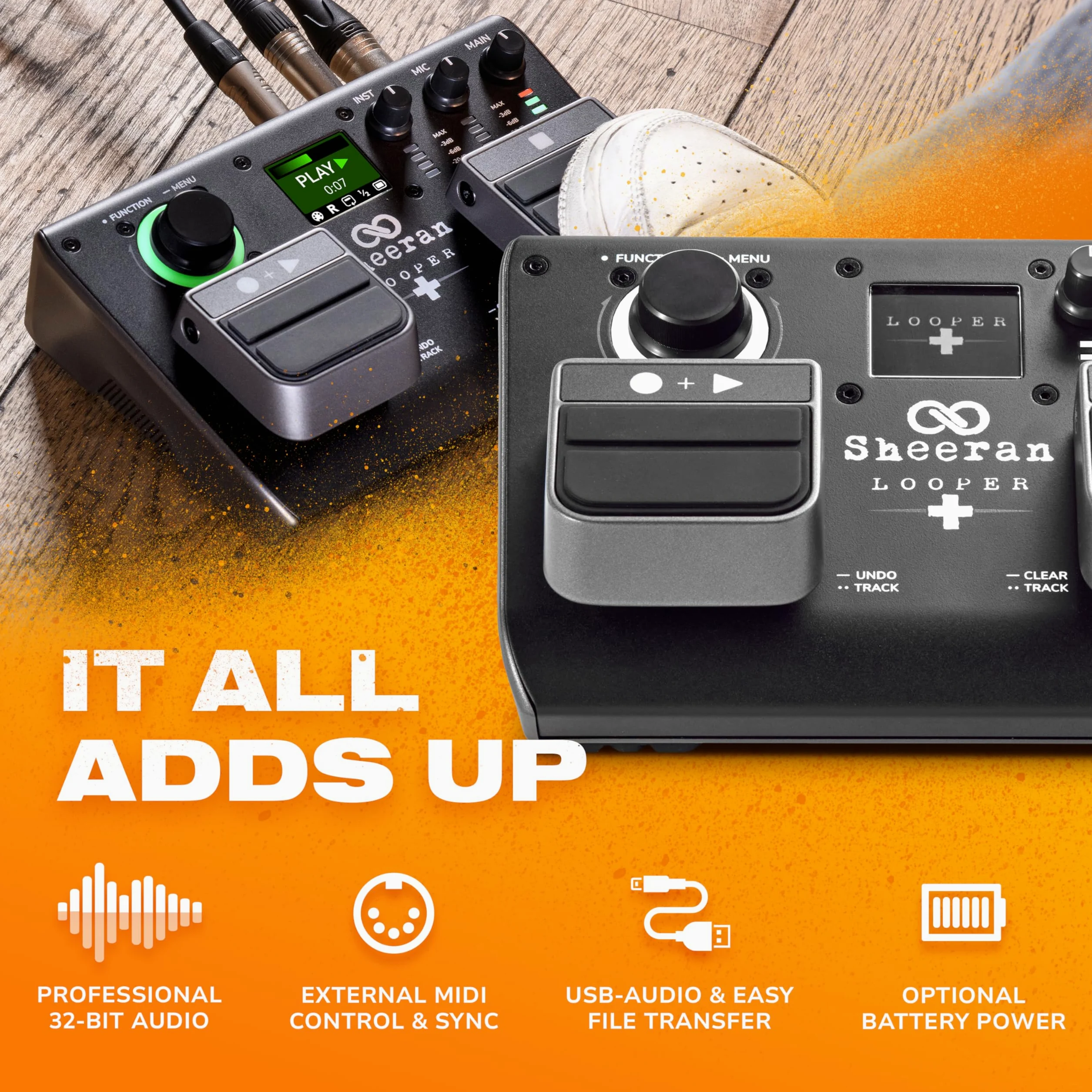 SHEERAN LOOPER + Dwuścieżkowy z pedałami do gitary, keyboardu i wokalu, z pamięcią na 128 loopów, trybami loopowania, ekranem LED i interfejsem audio