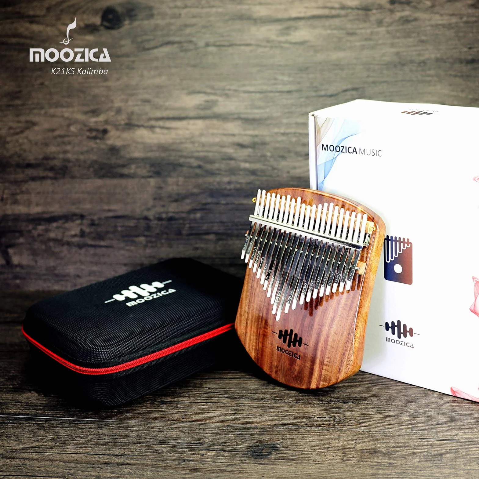 MOOZICA Kalimba pianino kciukowe z 21 klawiszami z litego drewna koa, płaska płyta z litego drewna, profesjonalna kalimba-marimba z instrukcją nauki i torbą do przenoszenia (Akazie-Koa, 21 klawiszy)