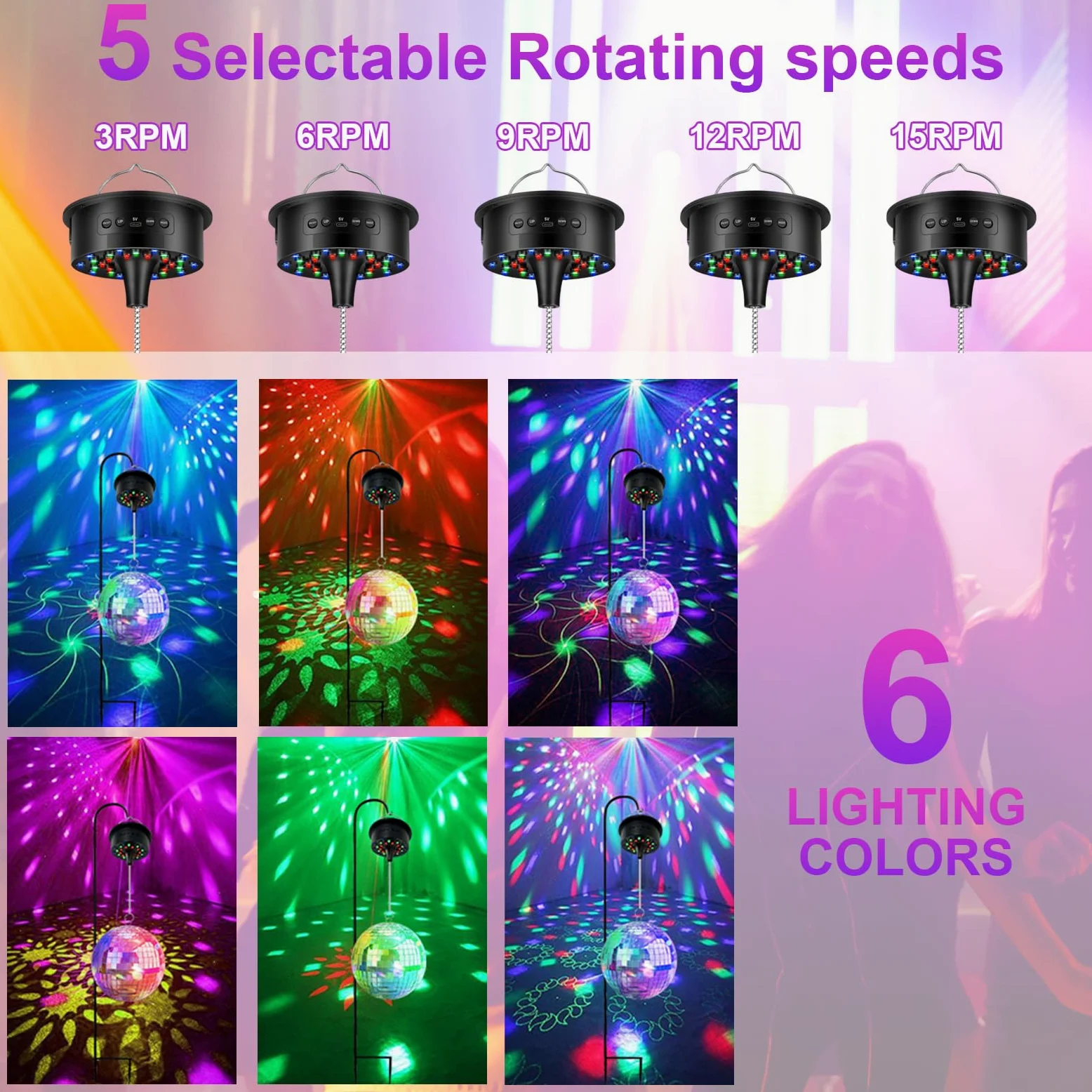 Silnik z kulką dyskotekową z pilotem zdalnego sterowania, regulowana prędkość obrotowa 3-15 obr./min, 30 diod RGB LED, bateria/USB-C/kabel, do kulek lustrzanych 10-40 cm – oświetlenie na