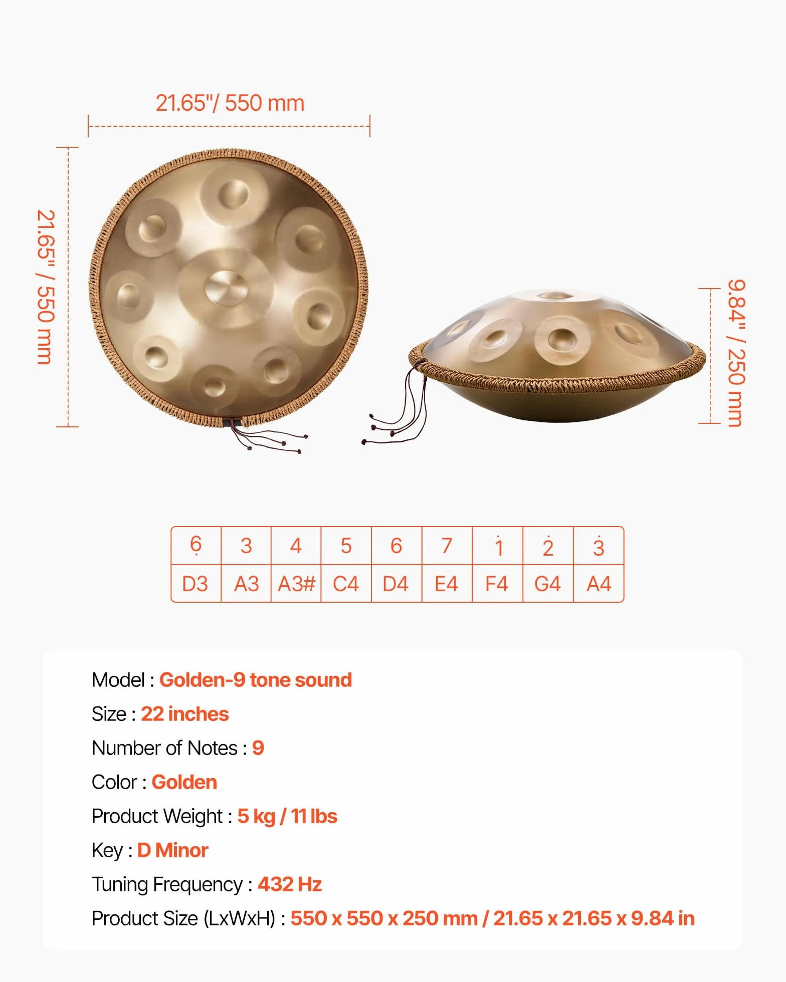 VEVOR Handpan bęben stalowy 22 w 9 nutach 432 Hz D moll instrument perkusyjny