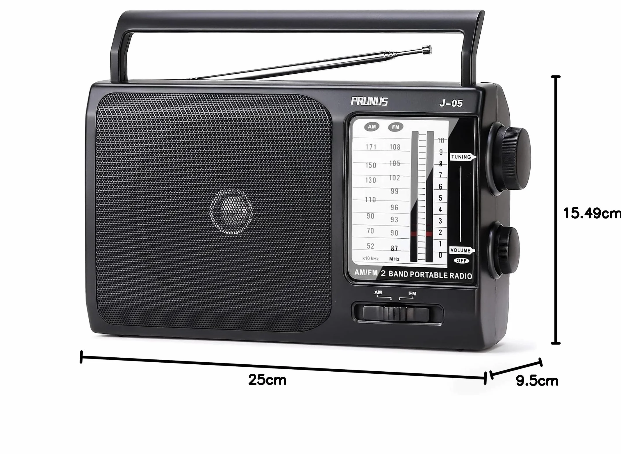 Prunus J-05 przenośne radio AM/FM z doskonałym odbiorem i dużym głośnikiem, radio akumulatorowe i sieciowe