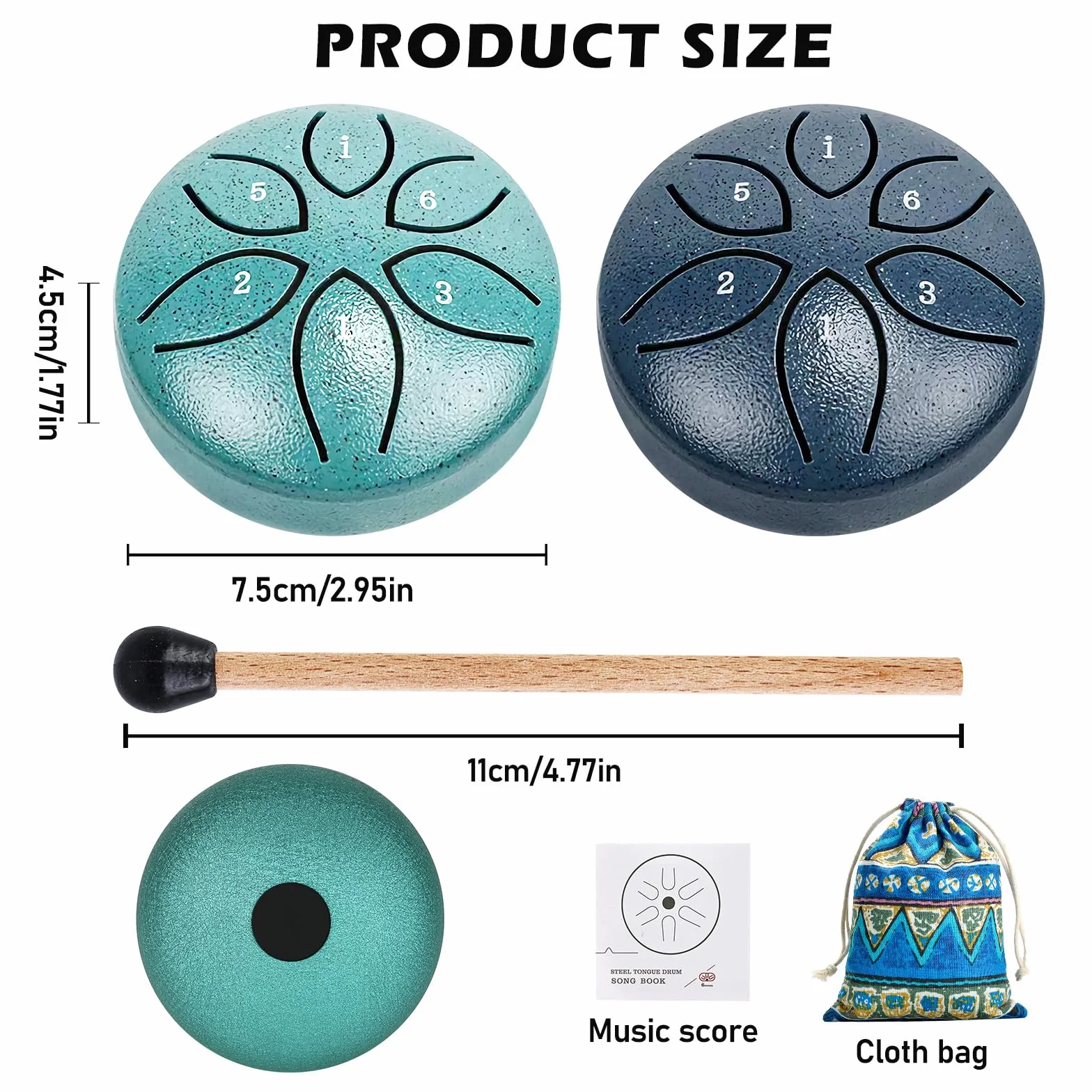 Stalowy bęben językowy, 2 sztuki, stalowy bęben językowy 8 cm 6 tonów, bęben przeciwdeszczowy, bęben językowy, instrument perkusyjny z materiałową torbą, pałeczki, książka, mini bęben do leczenia