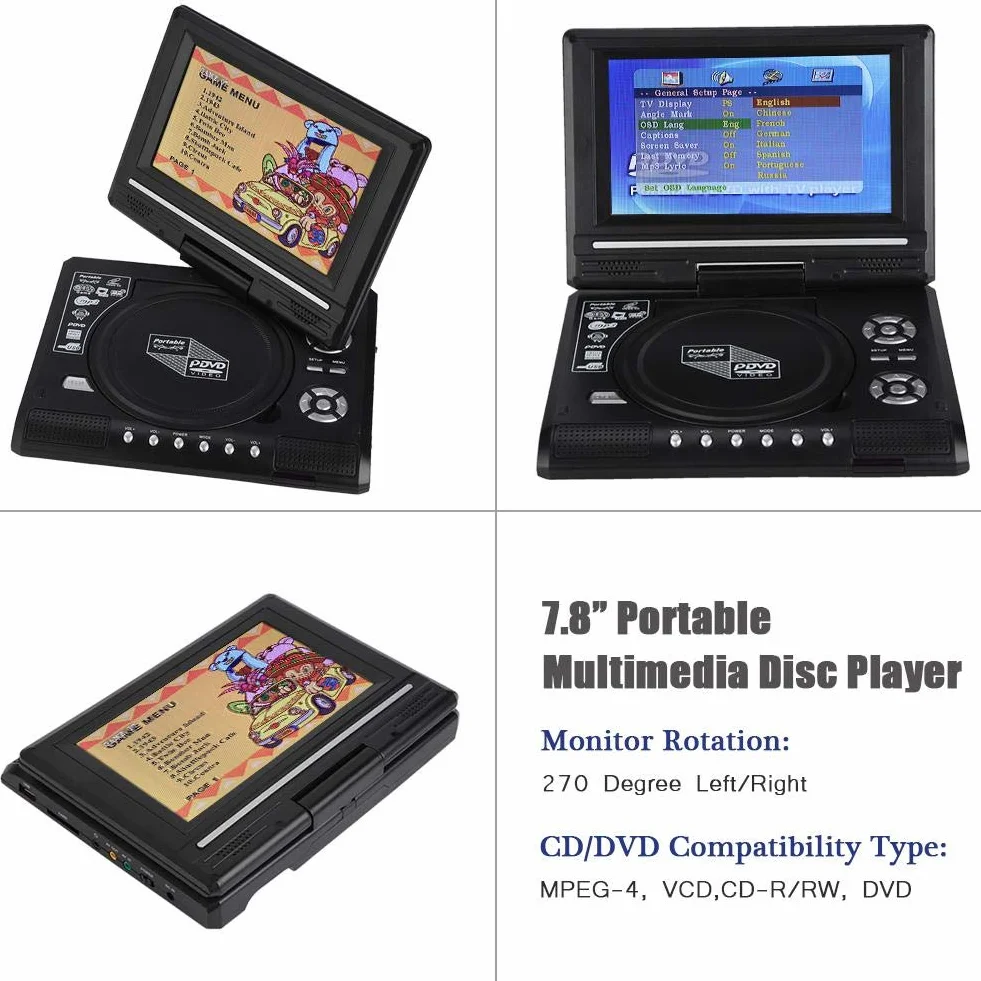 Przenośny odtwarzacz DVD, 7-calowy obrotowy ekran LCD HD TV z wbudowanym odczytem kart do lotów, podróży drogowych, obsługa DVD, SVCD, CD, CD-R/RW, samochodowy odtwarzacz DVD (EU)