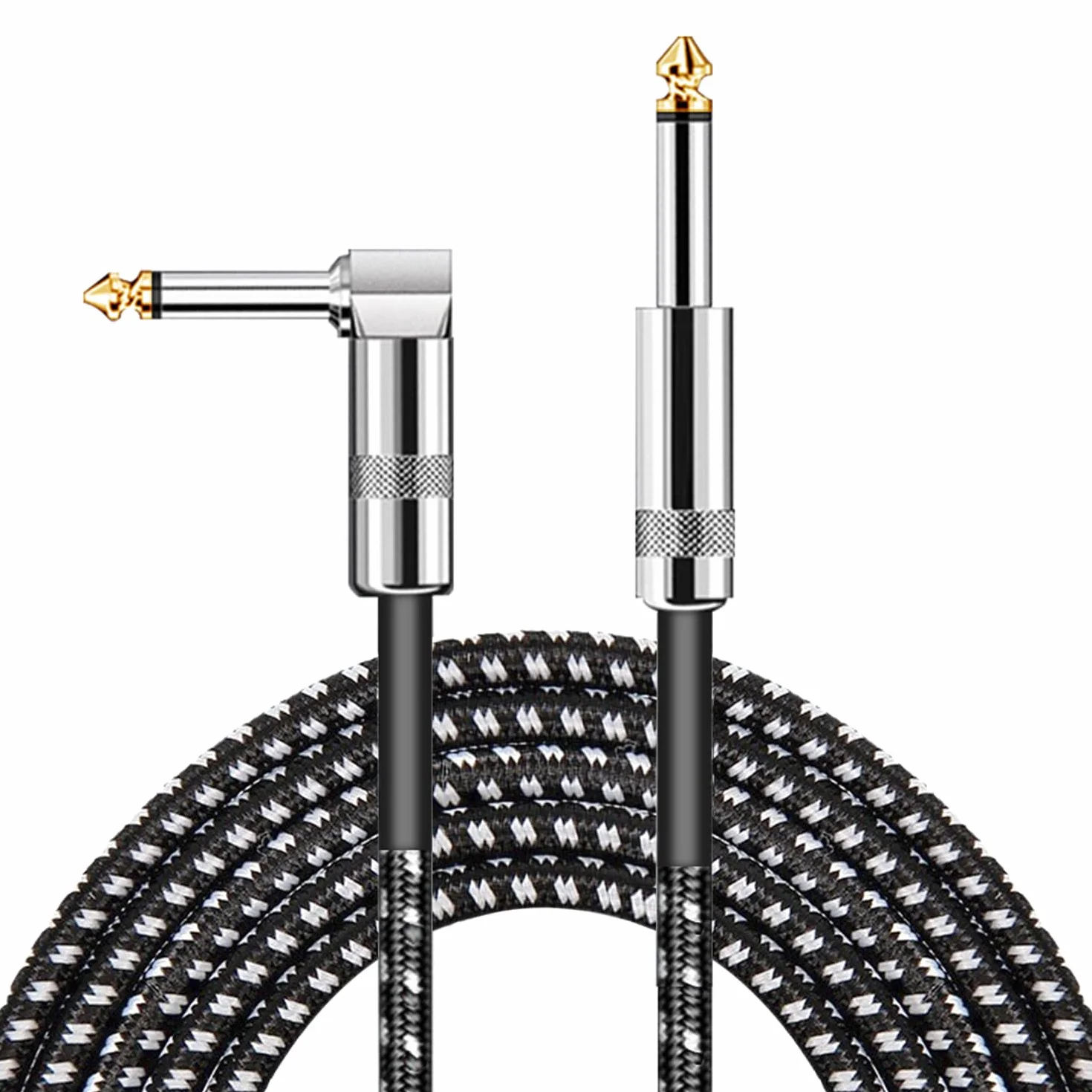 Kabel instrumentalny 3 metry, kabel do gitary elektrycznej TS 6,35 mm do gitary basowej, pleciony kabel jack 6,35 mm, kabel audio pod kątem prostym, czarny biały