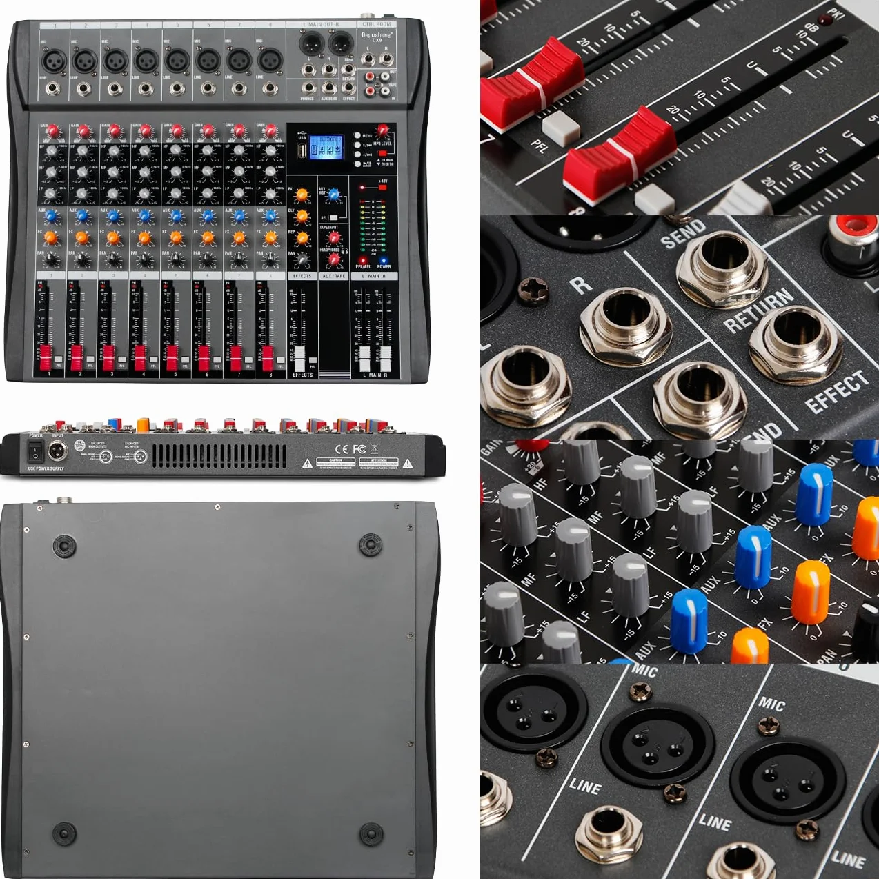 Depusheng DX8 Profesjonalny mikser Płyta dźwiękowa Konsola 8-kanałowy interfejs USB Wejście MP3 48V Zasilanie Phantom Stereo DJ Studio FX Stalowa obudowa, czarny mikser audio Bluetooth USB na PC