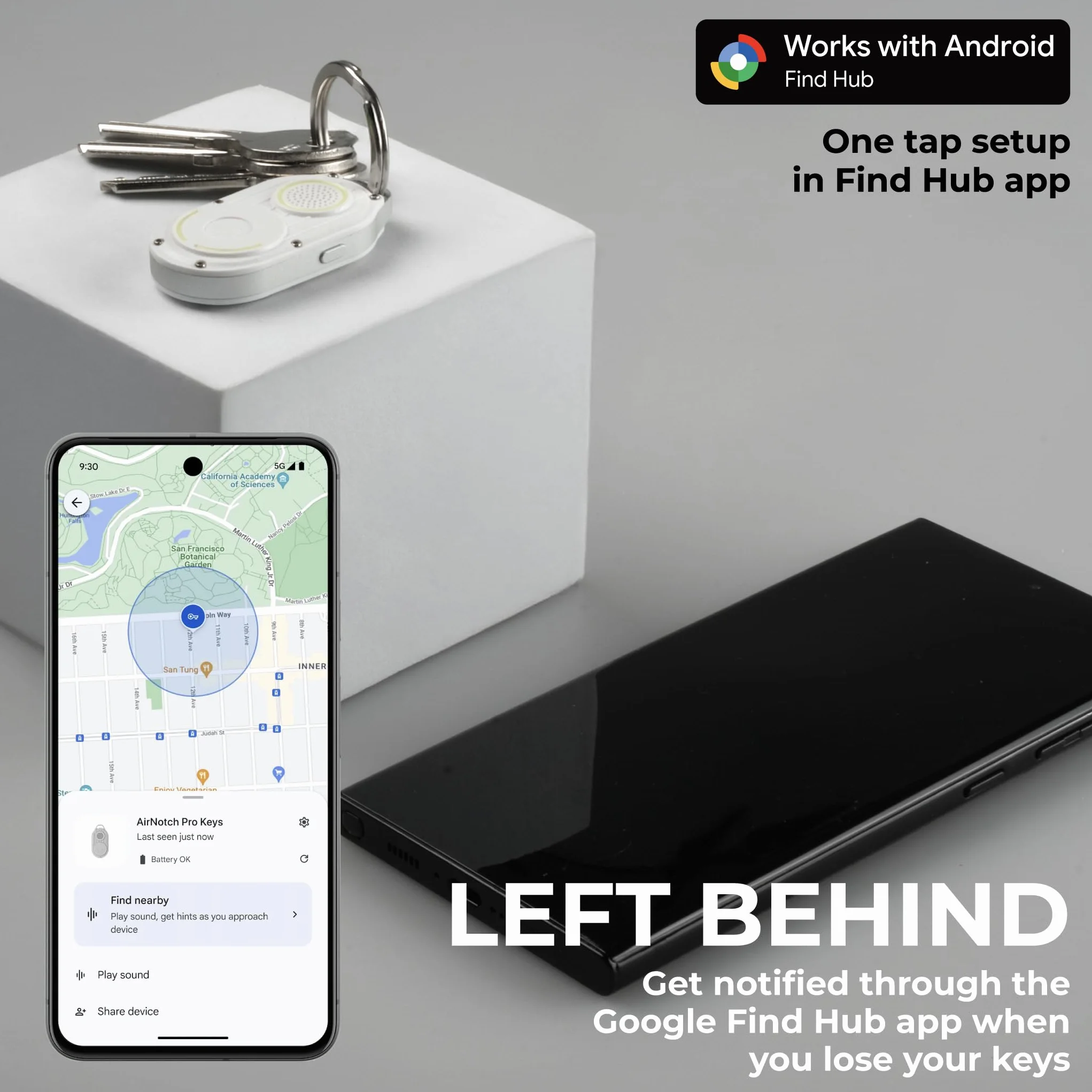 Rolling Square AirNotch Pro – tracker Bluetooth kompatybilny tylko z systemem Android Google Find Hub, brelok do kluczy, wymienne baterie, dźwięk 360°, inteligentny znacznik, świecący w ciemności