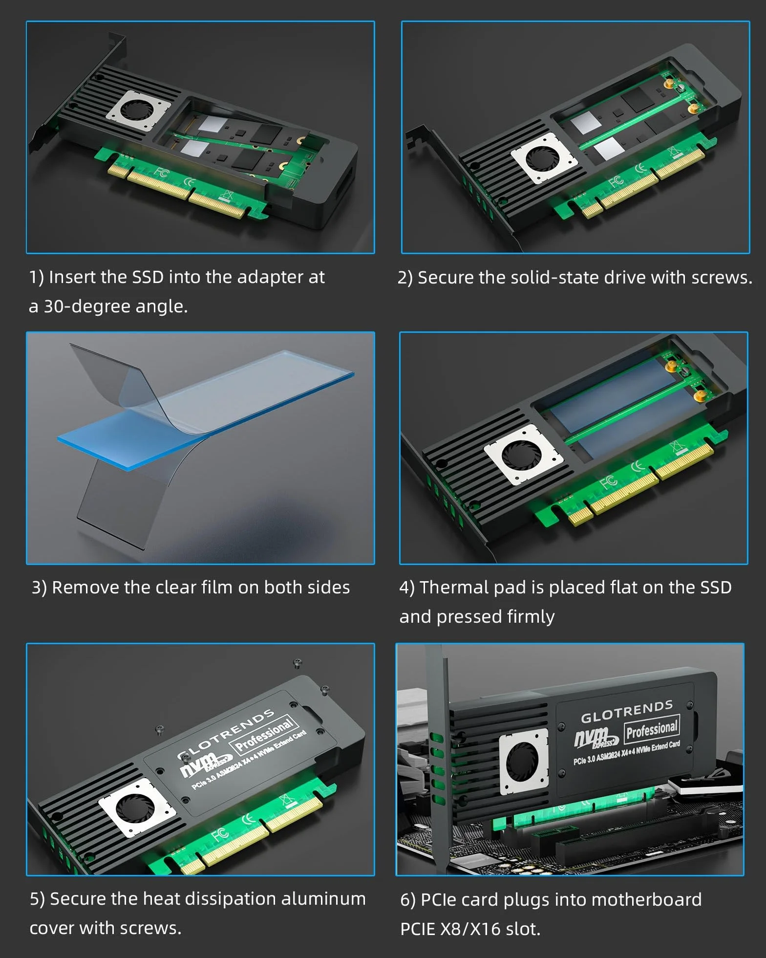 GLOTRENDS ST560 Adapter Quad M.2 NVMe do PCIe 3.0 X8 z rozwidleniem PCIe, konfiguracja miękkiego RAID-u M.2 NVMe za pomocą narzędzia systemu operacyjnego