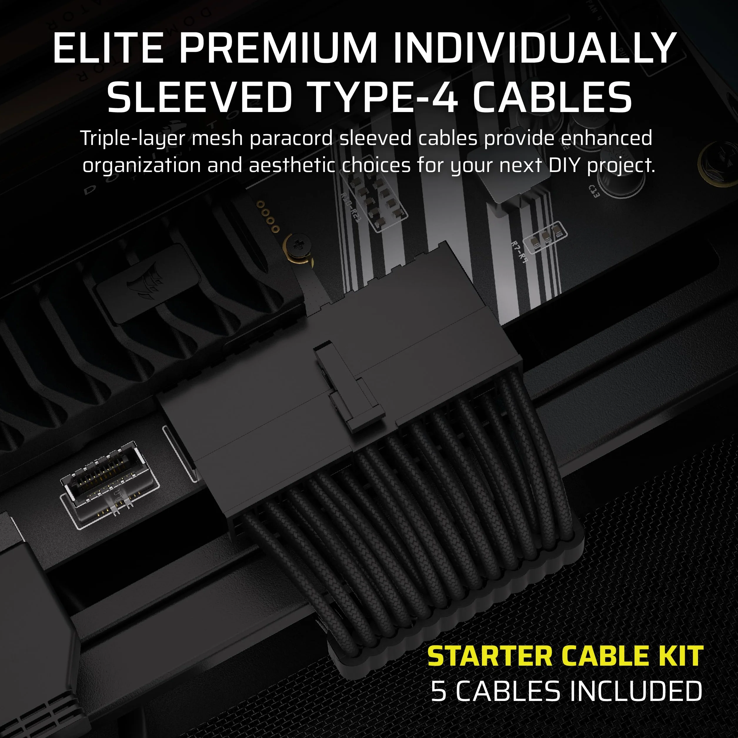 CORSAIR Elite Premium zestaw startowy z pojedynczym płaszczem zasilającym typu 4 – płaskie grzebienie do kabli, trójwarstwowy paracord z siateczki, kompatybilny ze wszystkimi zasilaczami Corsair