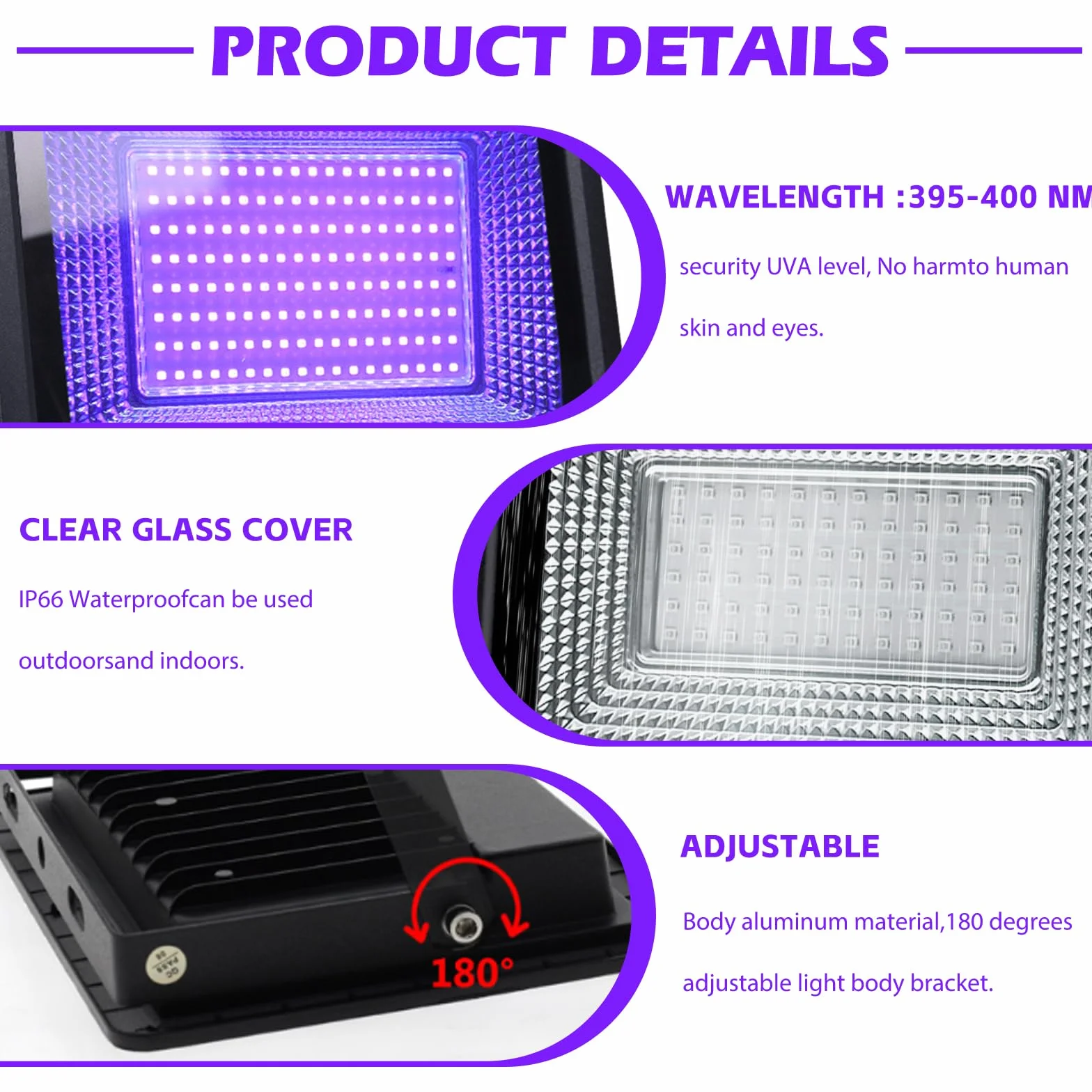 Reflektor LED 50 W, czarne światło, klasa wodoszczelności IP65, reflektor UV, światło ultrafioletowe, czarne światło z wtyczką, światło imprezowe UV U-V, reflektor na dyskotekę, do baru, na imprezę