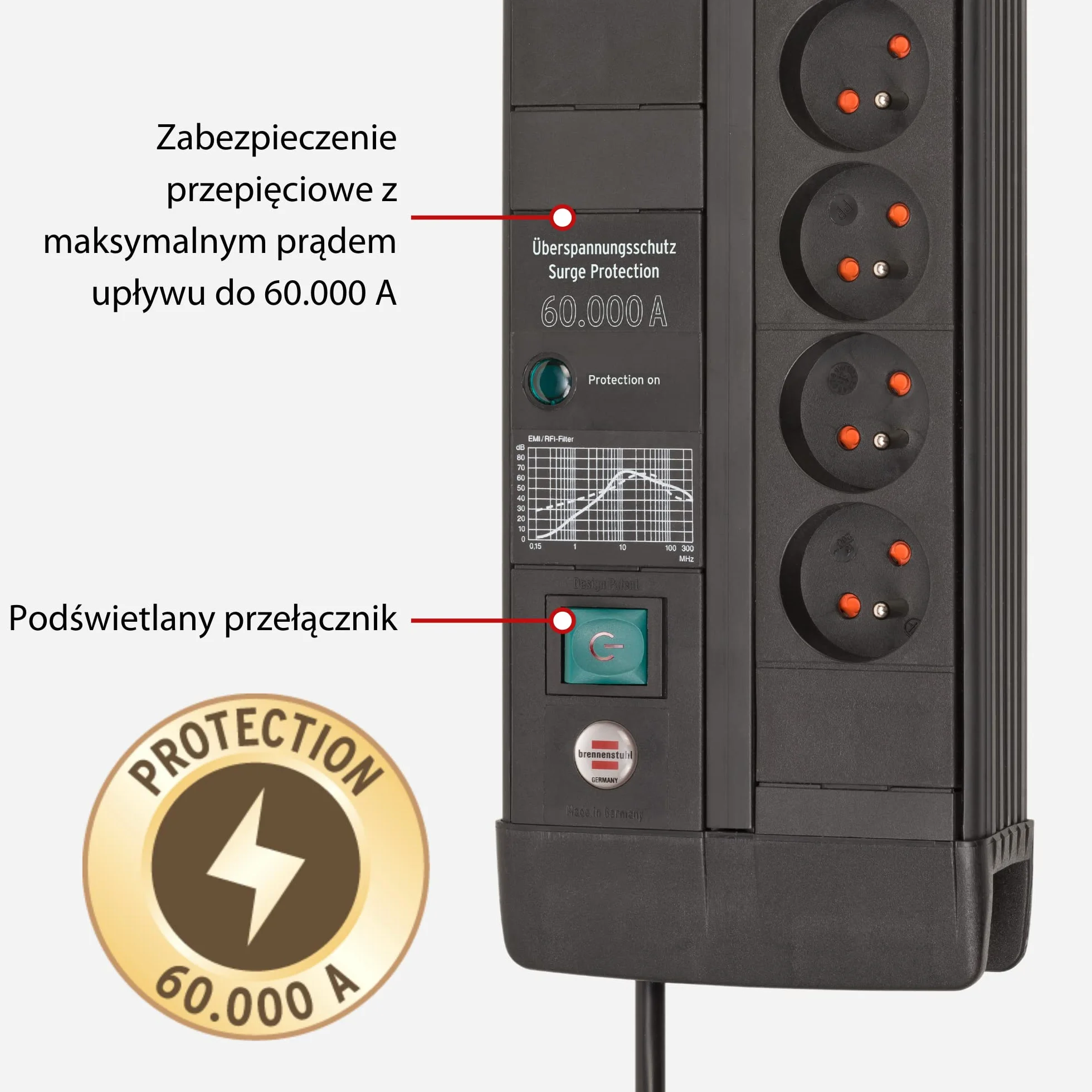 Brennenstuhl Premium-Line Duo listwa przepięciowa z 8 gniazdami/listwa antyprzepięciowa a z ochroną przepięciową do 60.000 A (listwa zasilająca kabel 3 m z wyłącznikiem, Made in Germany) czarna
