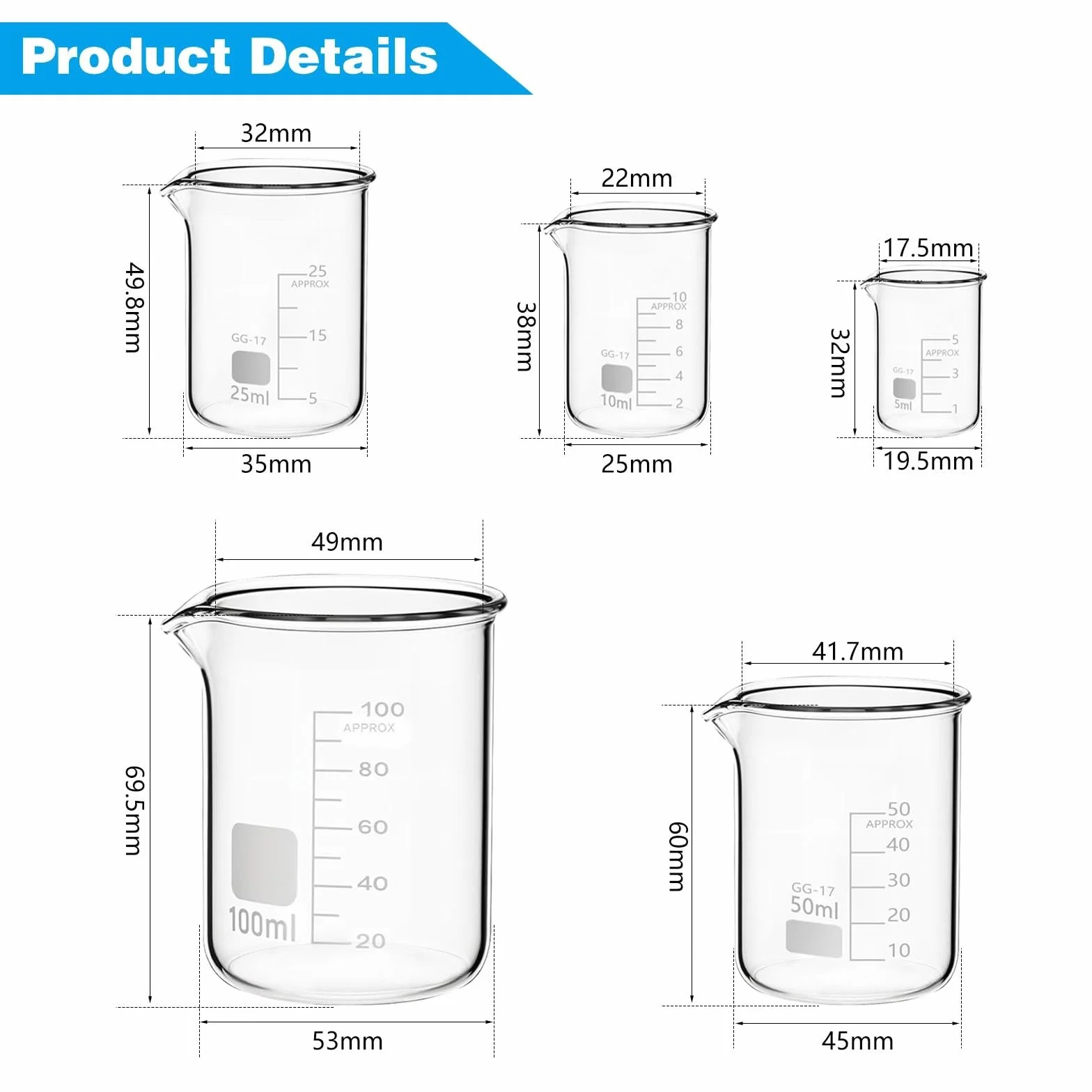 Zestaw szklanych zlewek 100 ml 50 ml 25 ml 10 ml 5 ml, 5 szklanych zlewek miarowych z borokrzemianu szkła do laboratorium, klasy i użytku domowego
