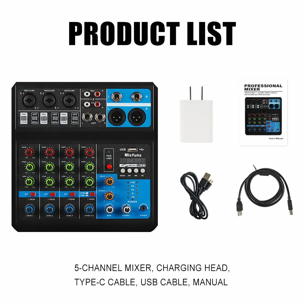 Mini DJ Mikser Sound Board Console System, 5 kanałów 48 V Phantom Power z Bluetooth USB MP3 Stereo Live DJ Studio Streaming na profesjonalne nagrywanie KTV Stage