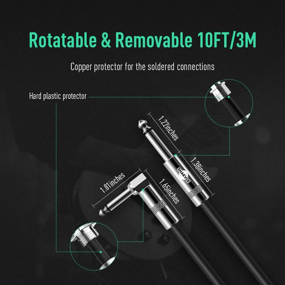 Kabel instrumentalny, elektryczny kabel AMP 1/4 do gitary i gitary basowej, keyboardu, mandoliny elektrycznej, Pro Audio (RIGHT, 3 m/10 ft)
