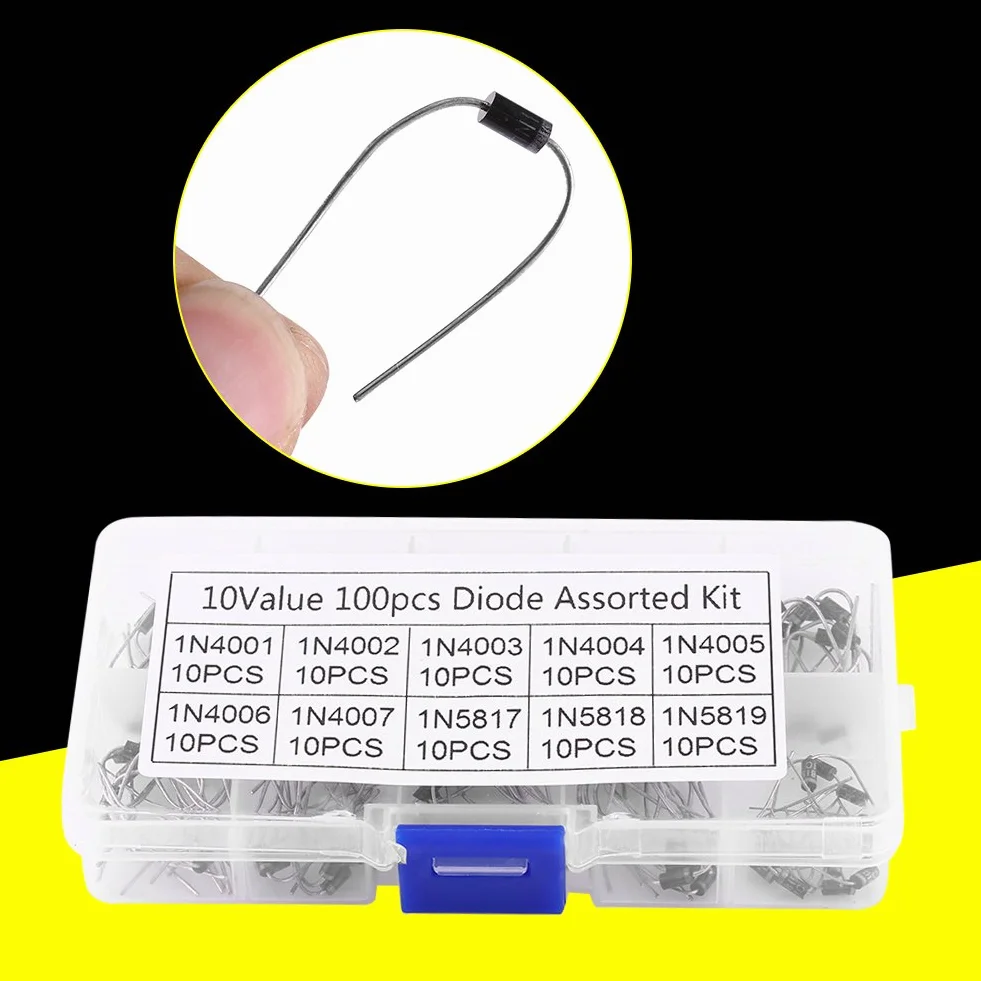 Estink Zestaw Diod Prostowniczych, 100 szt., 10 Wartości, Asortyment Elektroniczny 1N4001-1N5819, z Przezroczystym Pudełkiem
