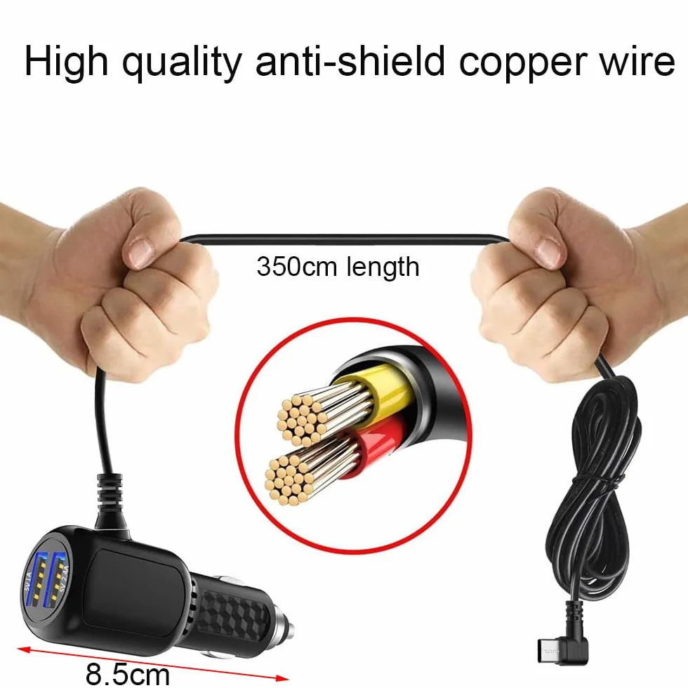 Gebildet Mini USB Power Cord Cable z podwójnym portem USB,Kabel do ładowania Samochodowego o Długości(11.5 stopy/350 cm) do ładowarki Samochodowej Dashcam Camera Charger Power Cable