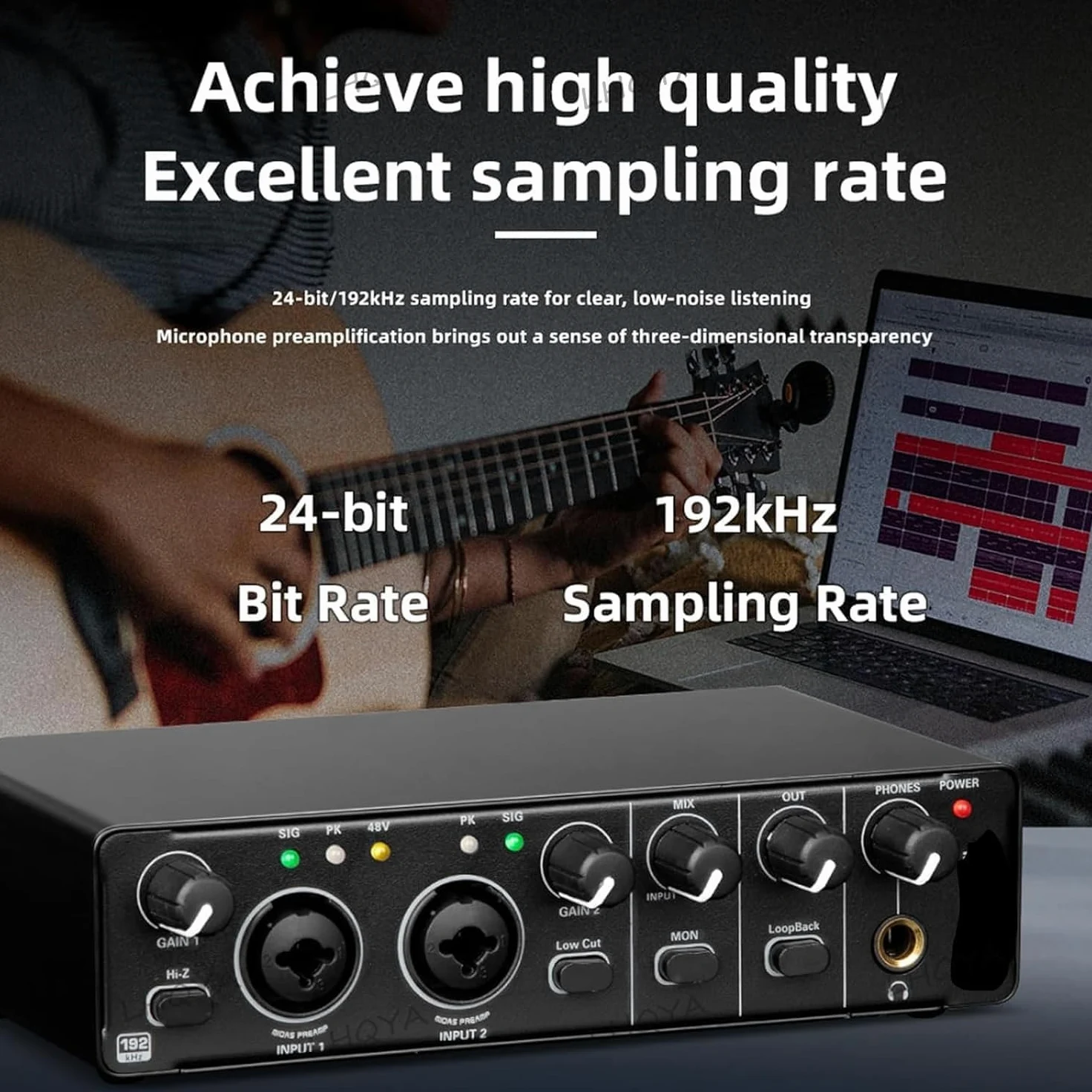 24-bitowy interfejs audio 192 kHz, przedwzmacniacz mikrofonowy, wbudowana karta dźwiękowa do nagrywania na komputerze, do przesyłania strumieniowego na żywo, produkcji dyskograficznej i