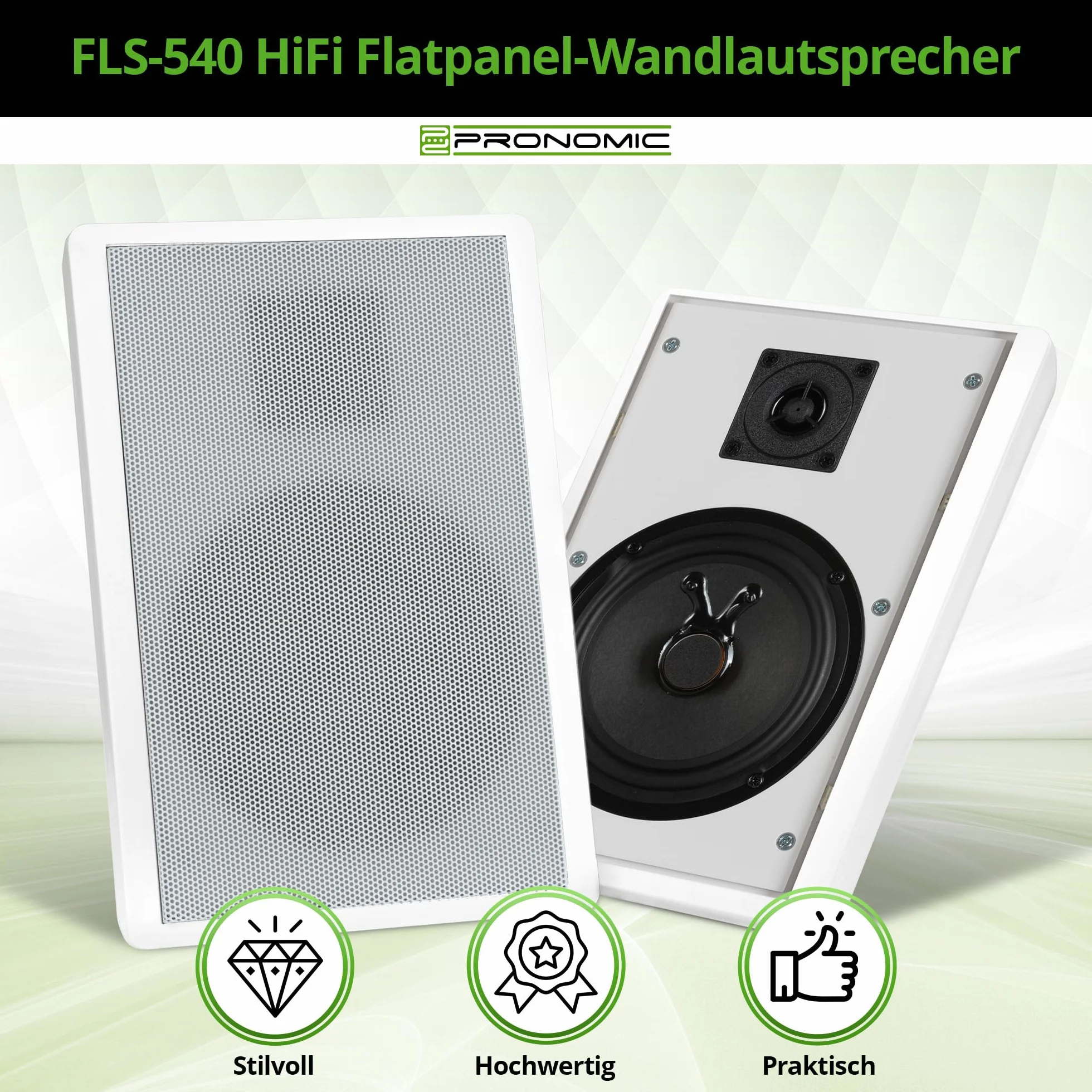 Pronomic FLS-540 WH 2-parowy zestaw głośników ściennych HiFi, 2-drożny, głośnik niskotonowy 5,25"/133 mm, głośnik wysokotonowy 1,2"/30 mm, 25/50 W RMS/Peak, połączenie listwy zaciskowej, biały.