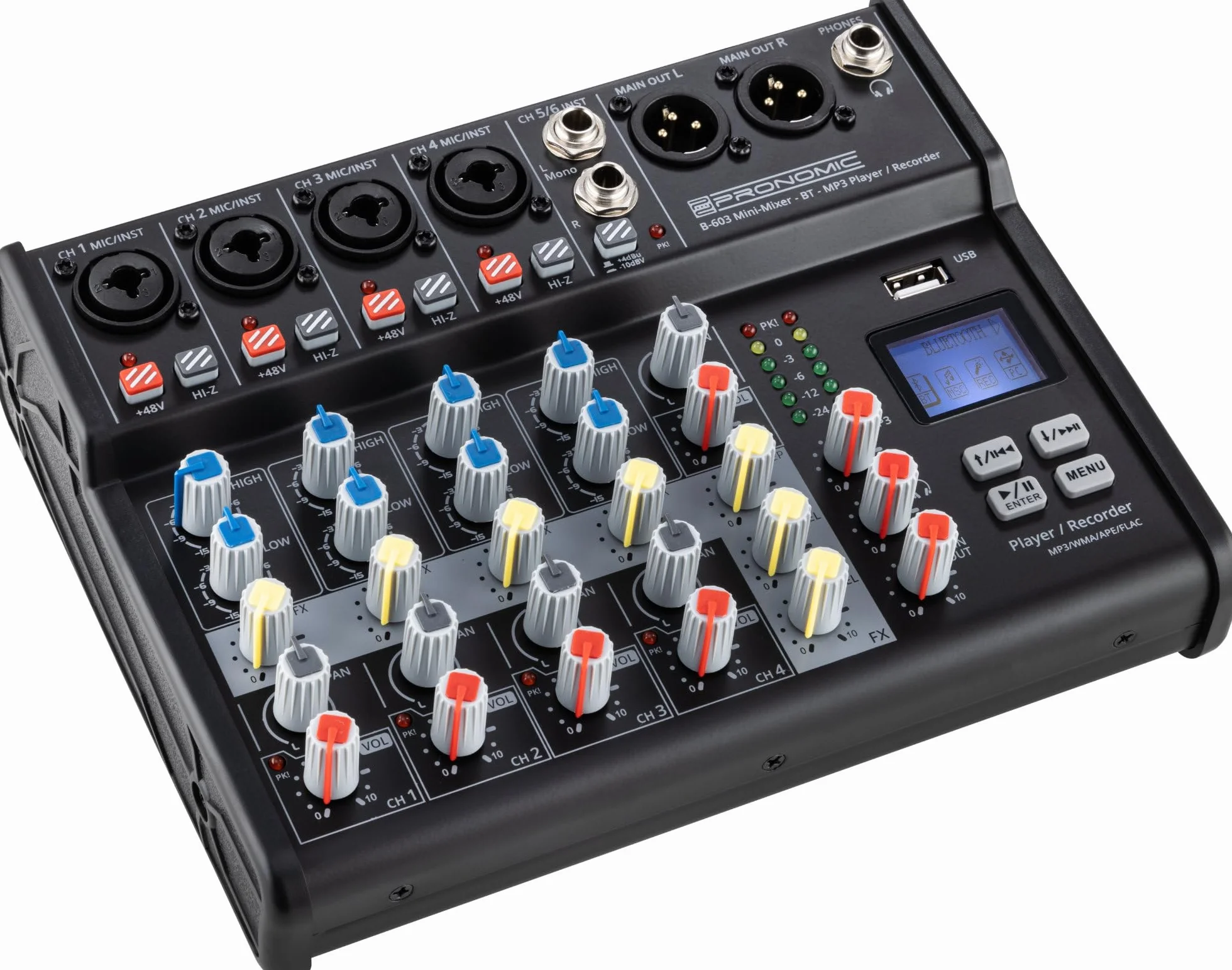 Pronomic B-603 mini mikser z Bluetooth® i USB Recording – kompaktowy 6-kanałowy mikser – 4 kanały z gniazdami combo, zasilaniem fantomowym i przełącznikiem Hi-Z – port USB – główne wyjścia w formacie