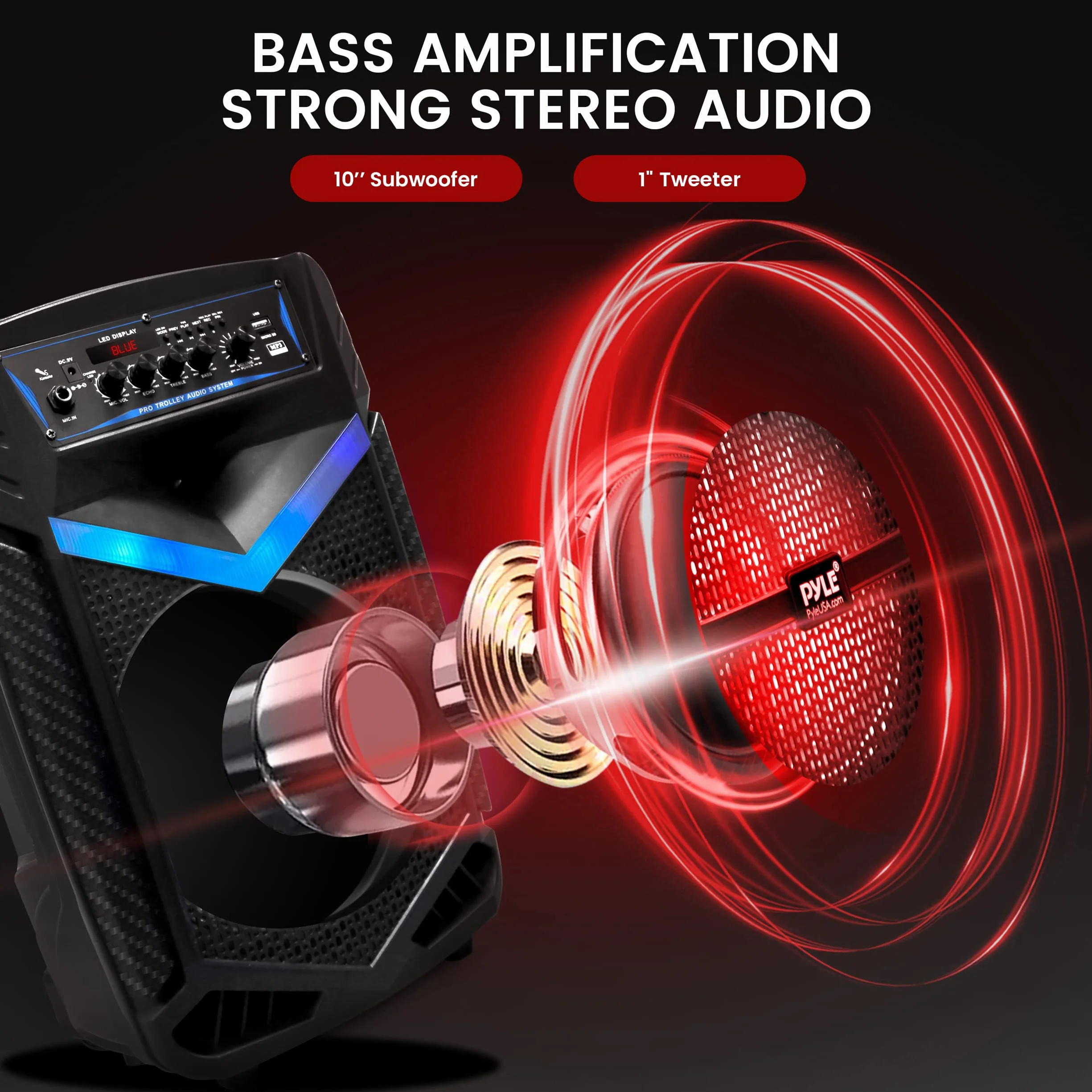 Pyle Głośnik PA Bluetooth, urządzenie do karaoke z mikrofonem do karaoke, 600 W, pudełko na imprezę, możliwość ładowania, subwoofer, 1" tweeter, funkcja nagrywania, oświetlenie imprezowe, radio USB/SD