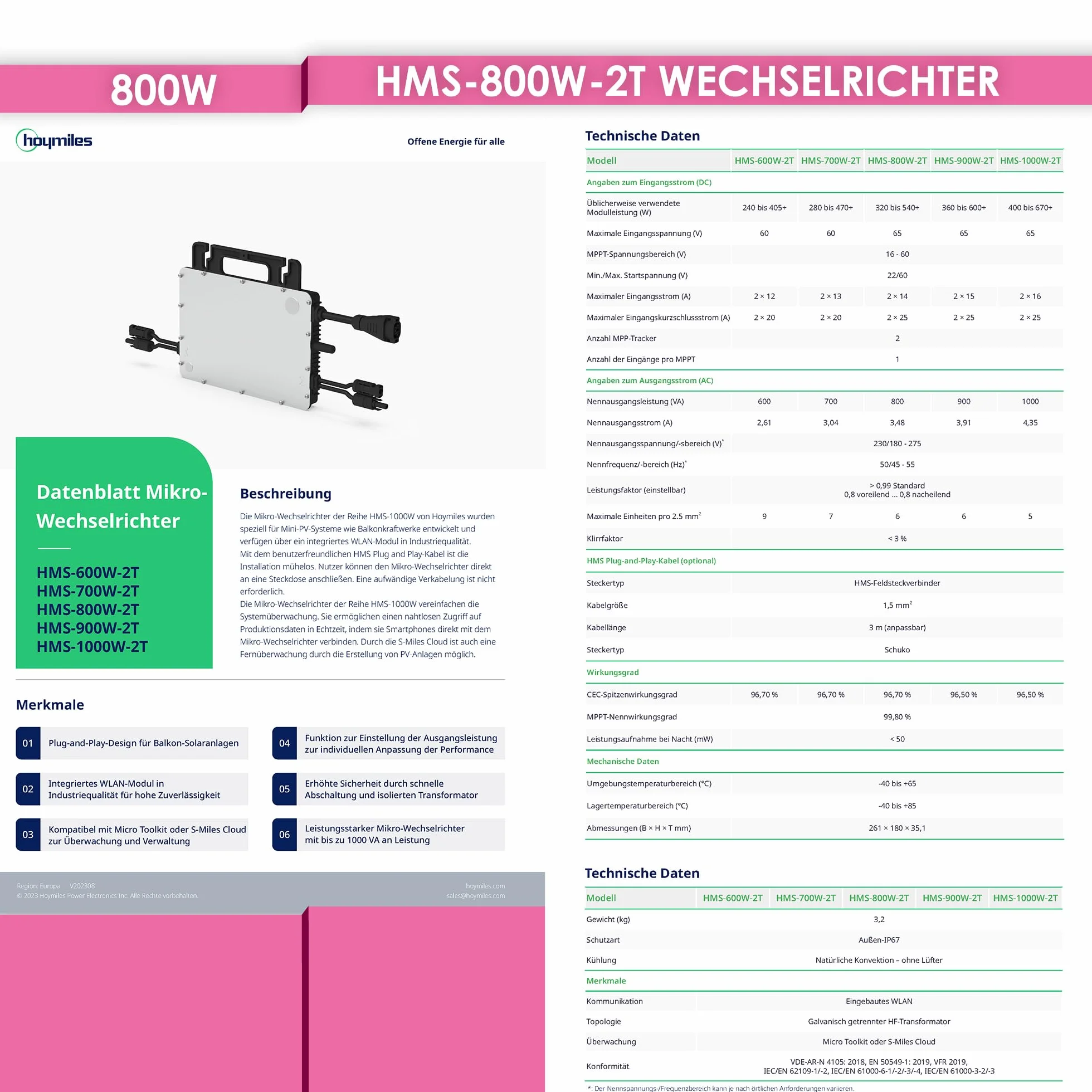 Hoymiles HMS-800W-2T mikrofalownik ze zintegrowanym WiFi DTU | w zestawie złącze HMS Field | do 2 modułów PV | 800 W | zgodny z VDE | do elektrowni balkonowych