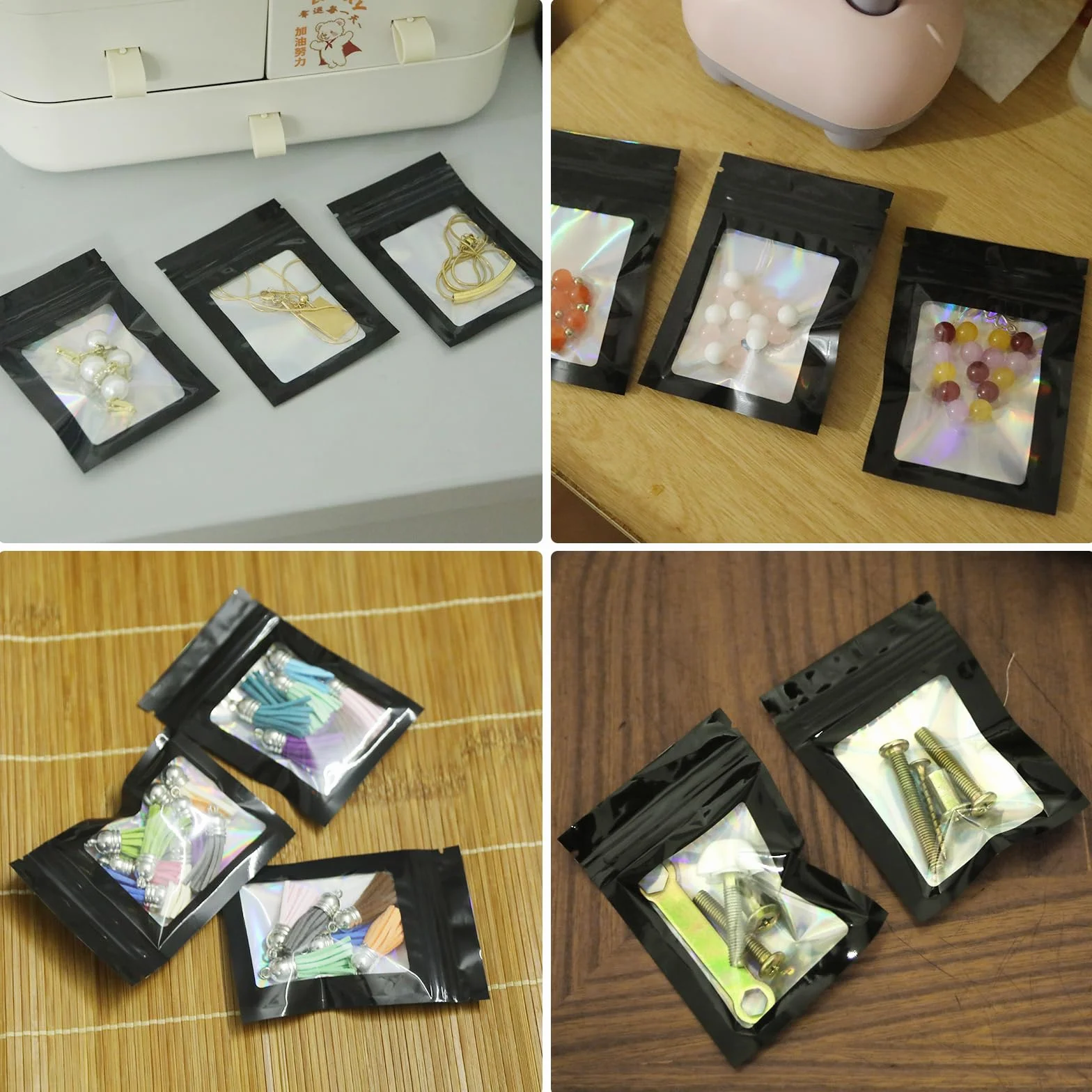 KOMABLEN Mylar Bags, 100 sztuk czarnych woreczków Mylar, 7 x 10 cm, plastikowe torebki wielokrotnego zamykania, torebki strunowe z przezroczystym okienkiem, torby na biżuterię, słodycze