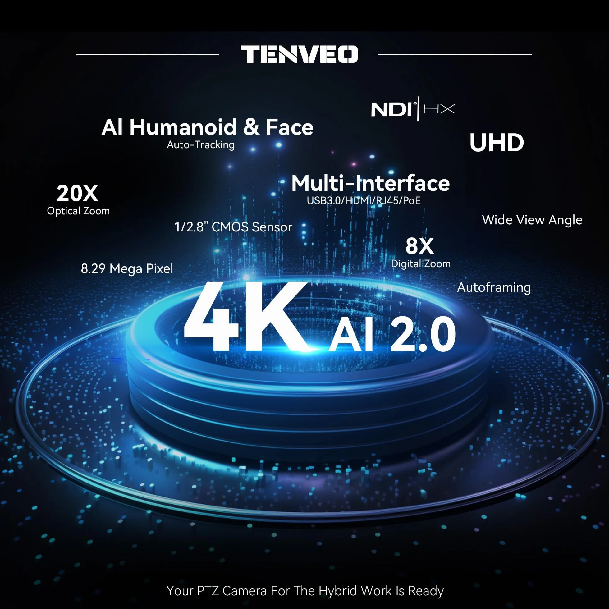 Tenveo Kamera PTZ 4K NDI, AI Humanoid & Face Auto-Tracking, 20X Optical + 8X zoom cyfrowy, USB3.0/HDMI/LAN PoE IP kamera strumieniowa na żywo do modlitw kościelnych, wydarzeń transmisji