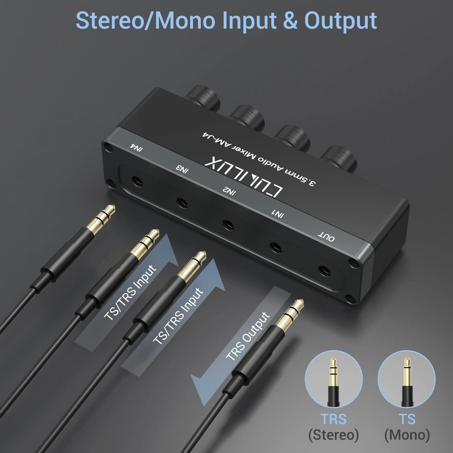 Cubilux 4-Kanałowy Miksownik Audio 3,5mm, Mini Miksownik Audio o Ultra-Niskim Szumie do Sub-Miksowania, Wejście 1/8 TS/TRS, Przełącznik Stereo, Odpowiedni do Gitar, Basów, Klawiatur