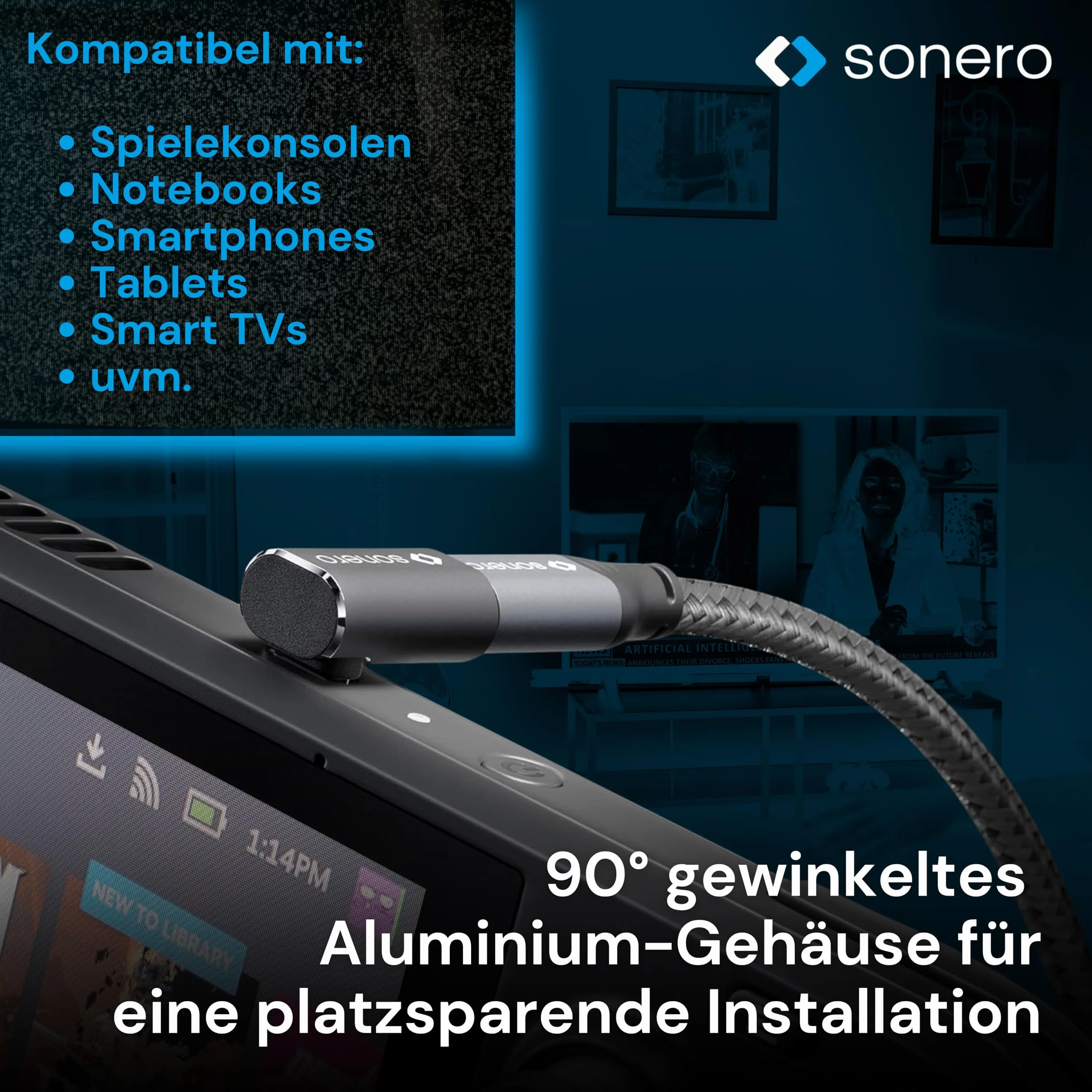 Sonero Wtyczka USB-C do gniazda USB-C kątowego 90° (1 sztuka), adapter, adapter USB-C 40 Gbps, 240 W, 8K60Hz, aluminiowa obudowa, czarna