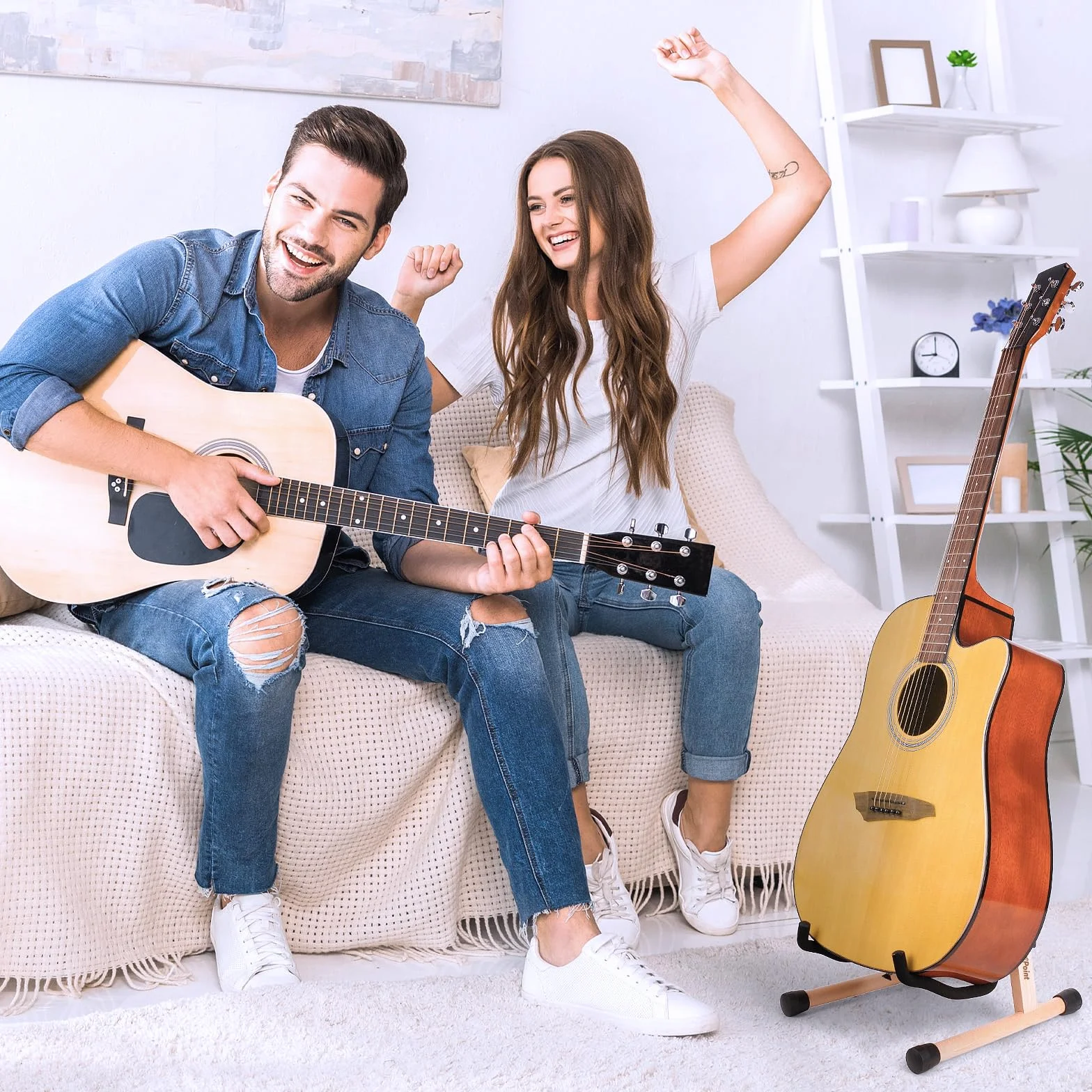 KingPoint Stojak na gitarę akustyczną, drewniany stojak na gitarę klasyczną i elektryczną, składany stojak na gitarę basową, akcesoria gitarowe