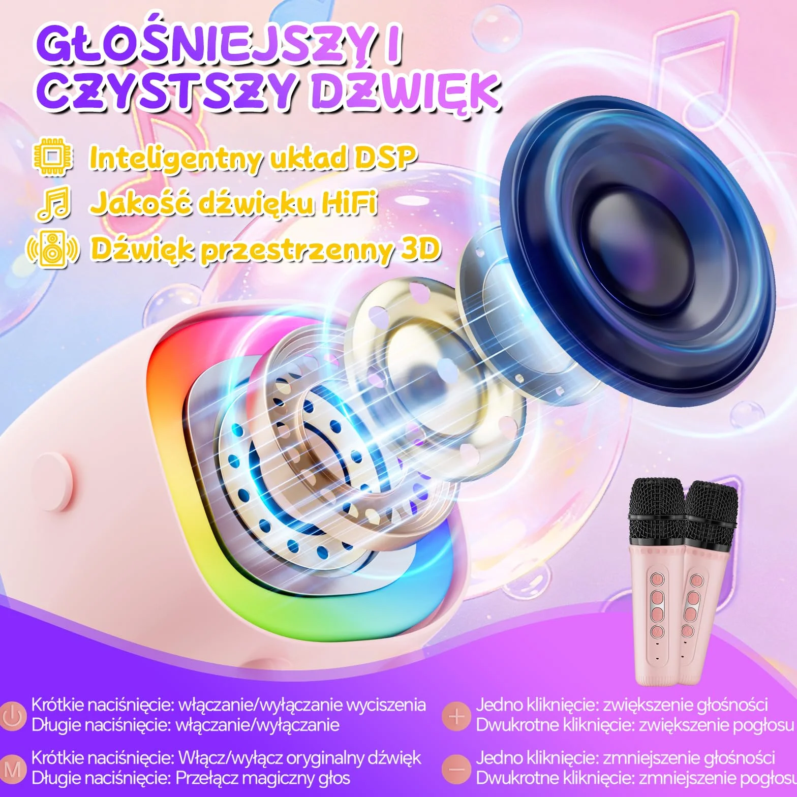 Mini Karaoke dla Dzieci i Dorosłych, 7 Trybów Efektów Dźwiękowych 6 Trybów Podświetlenia, Przenośny Głośnik Bluetooth z 2 Mikrofonami Bezprzewodowymi, Prezenty Świąteczne i Urodzinowe