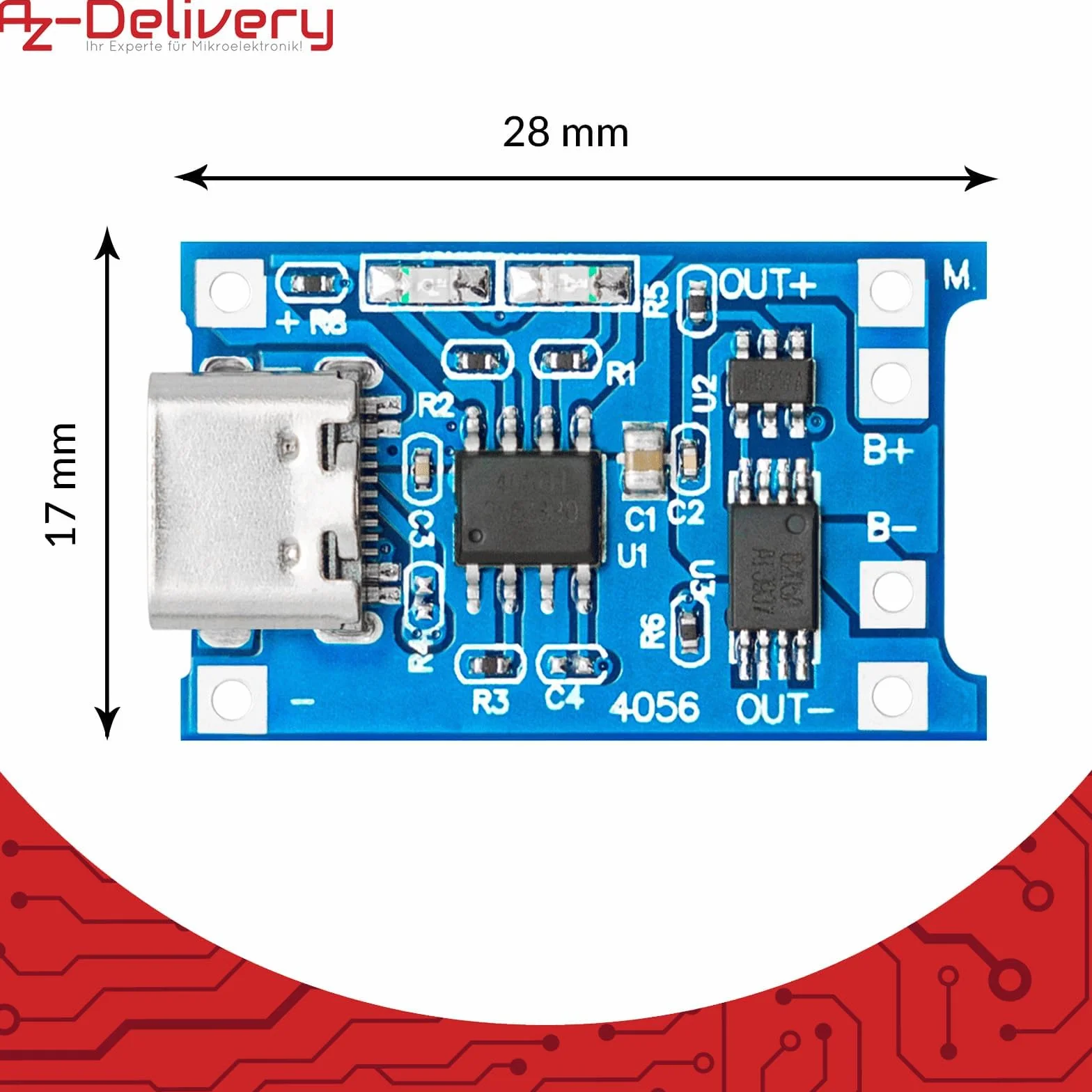 AZDelivery 5X TP4056 moduł ładowania akumulatora – USB typ C, obwód ochronny, wskaźniki LED – niezbędny do baterii litowo-jonowych lub LiPo