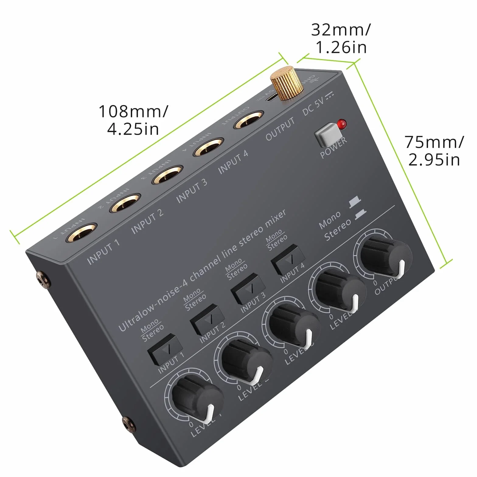 LiNKFOR 4 kanałowy ultrakompaktowy mikser audio stereo z niezależną regulacją głośności do mikserów, DC 5V Type-C mini-mikser audio z zasilaczem i kablem audio - ultra niski poziom hałasu.