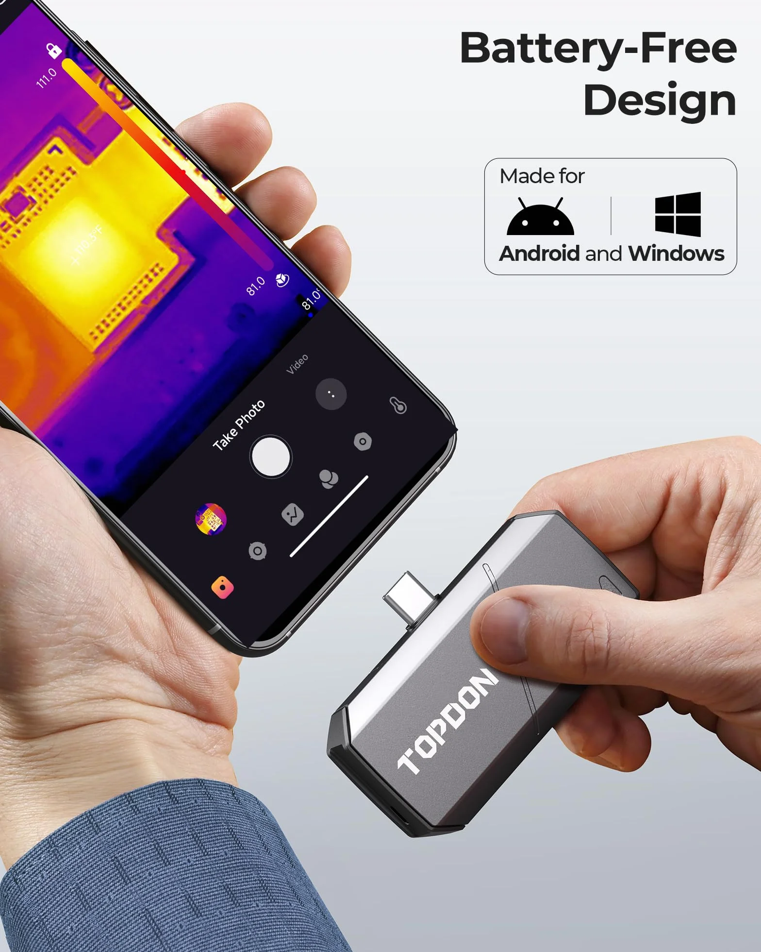 TOPDON TS001 kamera termowizyjna z systemem Android, zakres obserwacji od 0,1 do 500 m, regulowany obiektyw 9 mm, rozdzielczość IR 256 x 192, ręczne ogniskowanie kamery termowizyjne do polowania, na