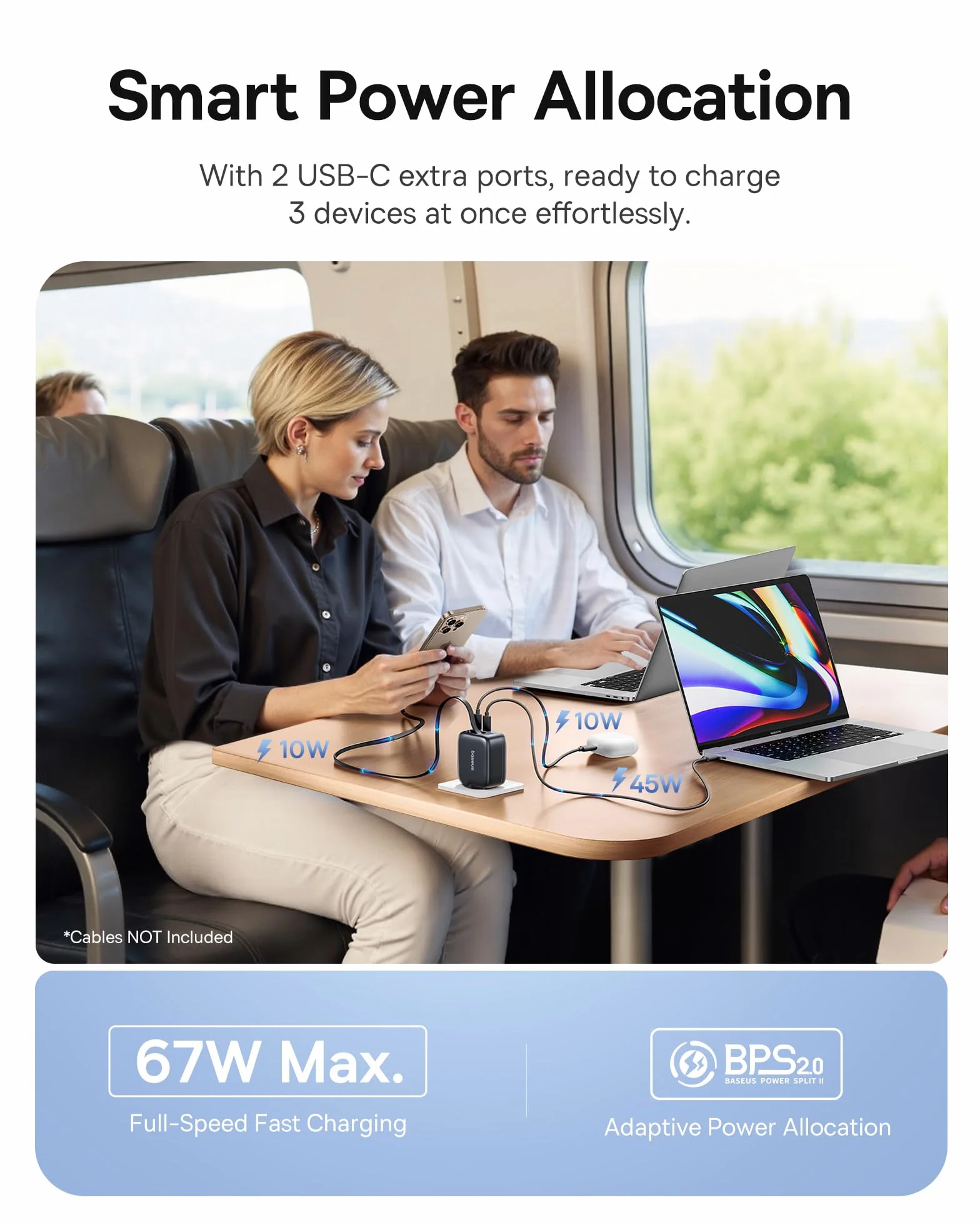 Baseus Enercore Ładowarka USB-C 67W z Wysuwanym Kablem, Zasilacz GaN z 2 Portami USB-C, Kompaktowa Szybka Ładowarka Zgodna z MacBook Pro, Dell, HP, iPad, iPhone 16 Pro, Galaxy S25