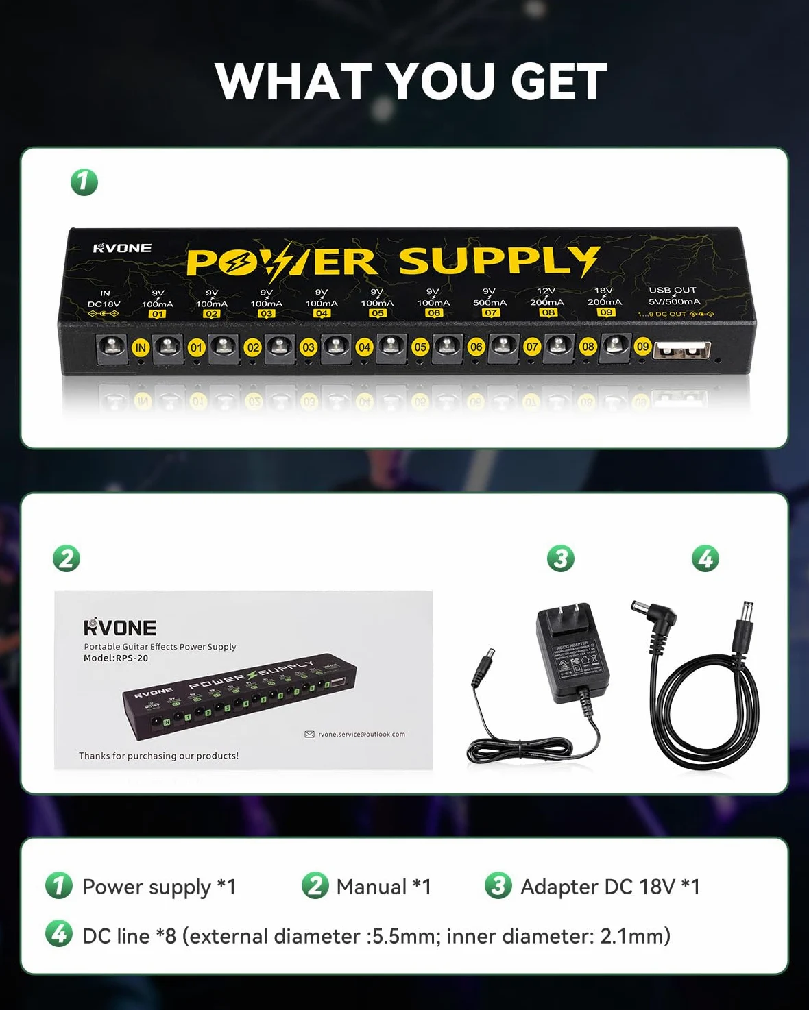 RVONE Zasilacz do pedałów gitarowych z 10 izolowanymi wyjściami DC i USB, ochroną przed zwarciem, redukcja szumów, stabilne zasilanie 9 V/12 V/18 V do pedałów efektów (Lightning Yellow)