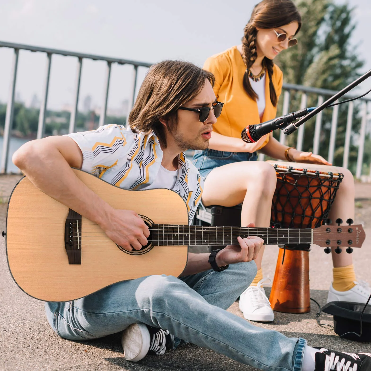 Donner Gitara akustyczna 3/4 dla początkujących, dla początkujących, zestaw gitar akustycznych, dla dorosłych, 36", Dreadnought z 6 kieszeniami, pasek Capo do kostki (naturalna)