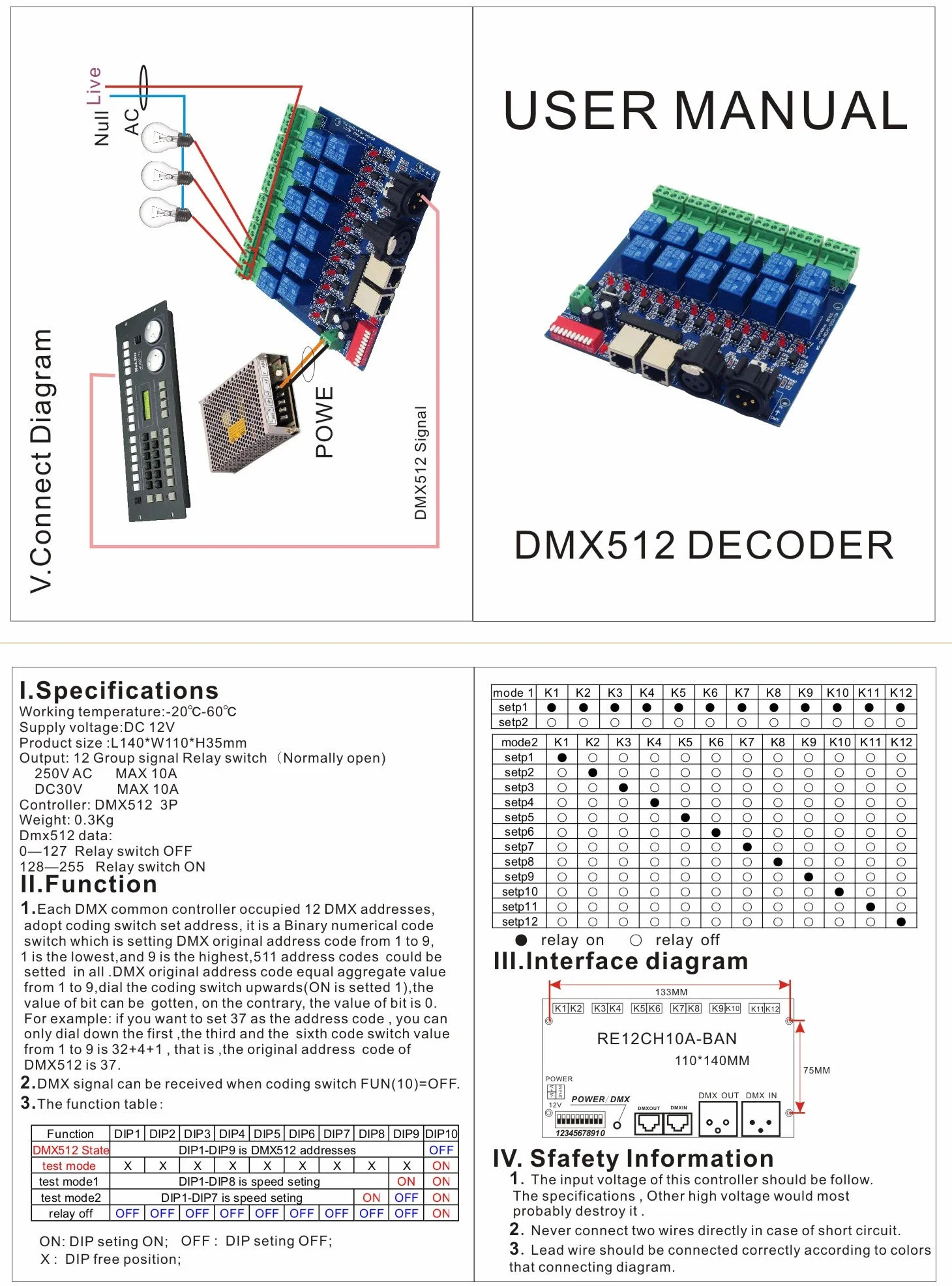 DMX512 10A 12-kanałowy ściemniacz sterowanie przekaźnikiem