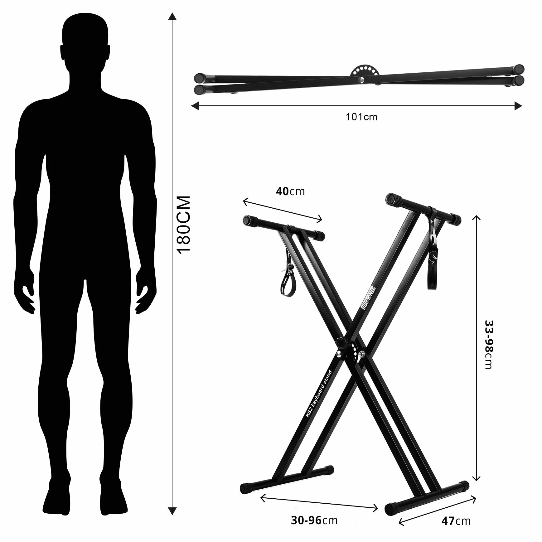Duronic Stojak na klawiaturę KS2B, podwójna ramka X, regulowana wysokość 33–98 cm, podwójne szelki do pianina cyfrowego, szybkie zwalnianie, z paskami podtrzymującymi do zabezpieczenia klawiatury,