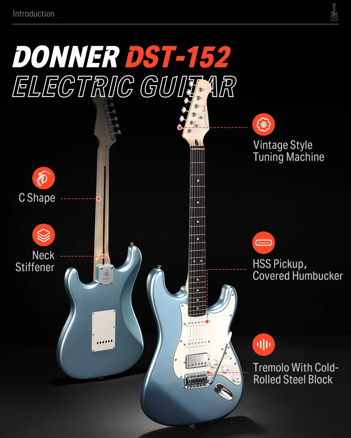 Donner Gitara elektryczna, 99 cm, zestaw, HSS, rozdzielacz cewki, DST-152R, dla początkujących, ze wzmacniaczem, torbą, kapo, paskiem, struną, strojnikiem, kablem, kostkami, metaliczna niebieska