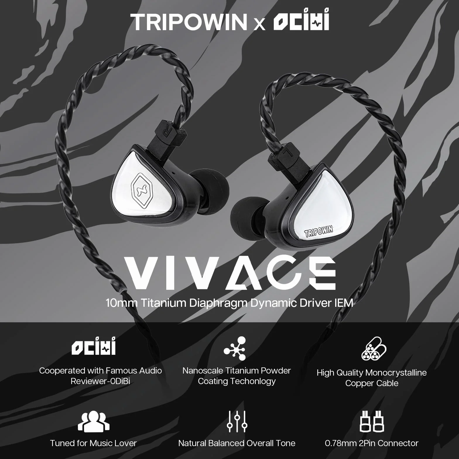 Tripowin x 0DiBi Vivace IEM, 10 mm tytanowa membrana dynamiczny sterownik, przewodowe słuchawki douszne HiFi, odłączany kabel 2-pinowy