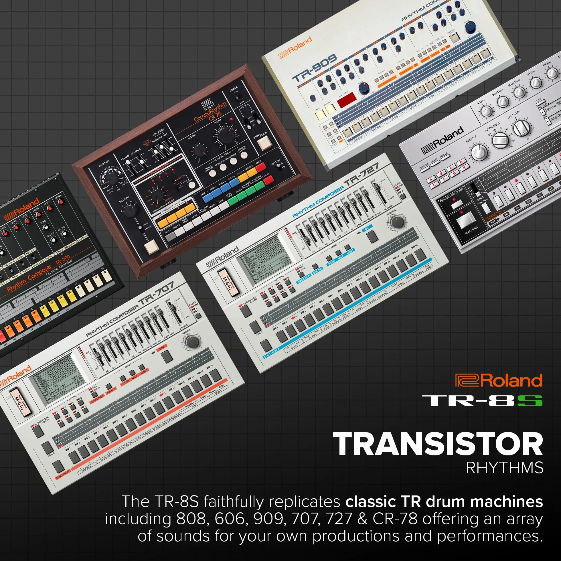 Roland TR-8S Rhythm Performer | Zaawansowany Automat Perkusyjny z Klasycznymi Brzmieniami Perkusyjnymi TR, w tym TR-808, TR-909, TR-707, TR-727, TR-606 i CR-78 | Technologia ACB | 128 Zestawów